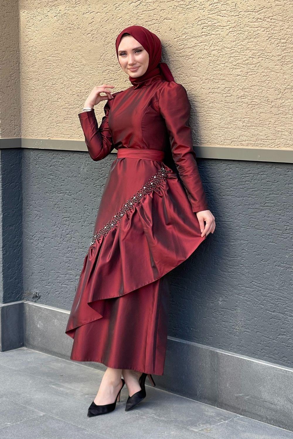 Eteği İnci Taş İşlemeli Abiye Bordo 4316 