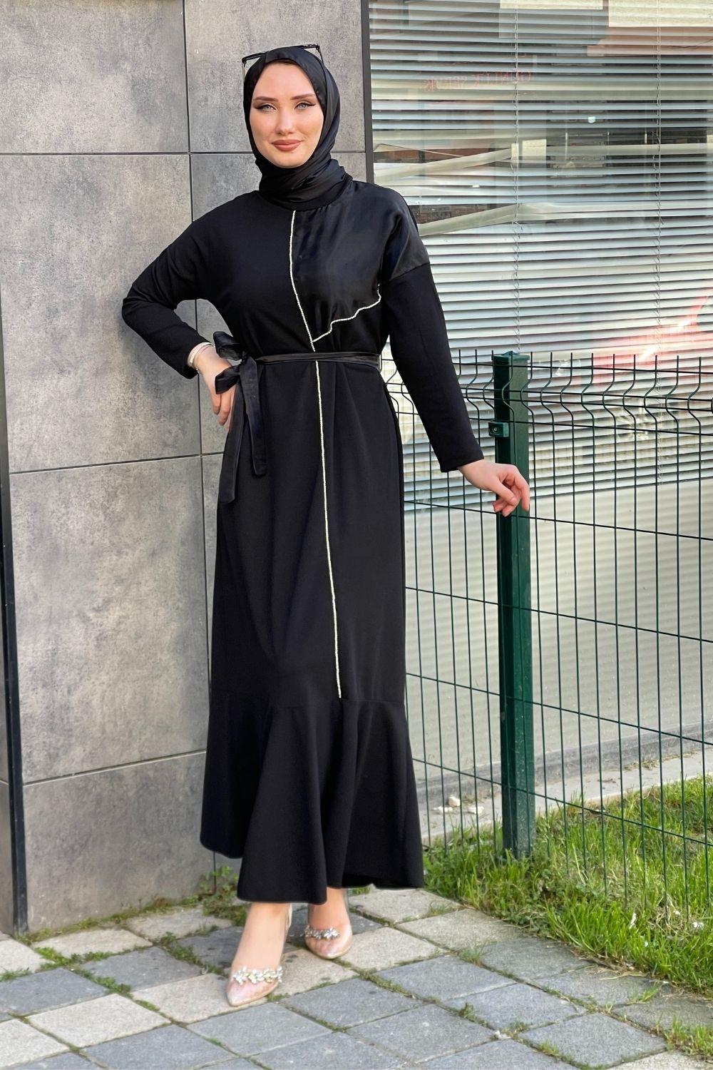 Şerit Taş İşlemeli Krep Abiye Siyah 4324 