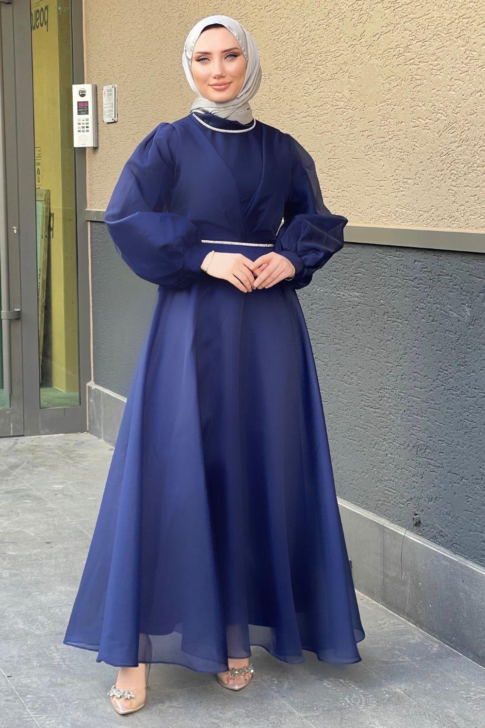 Boynu Ve Beli Taşlı Tül Abiye Lacivert 4327 