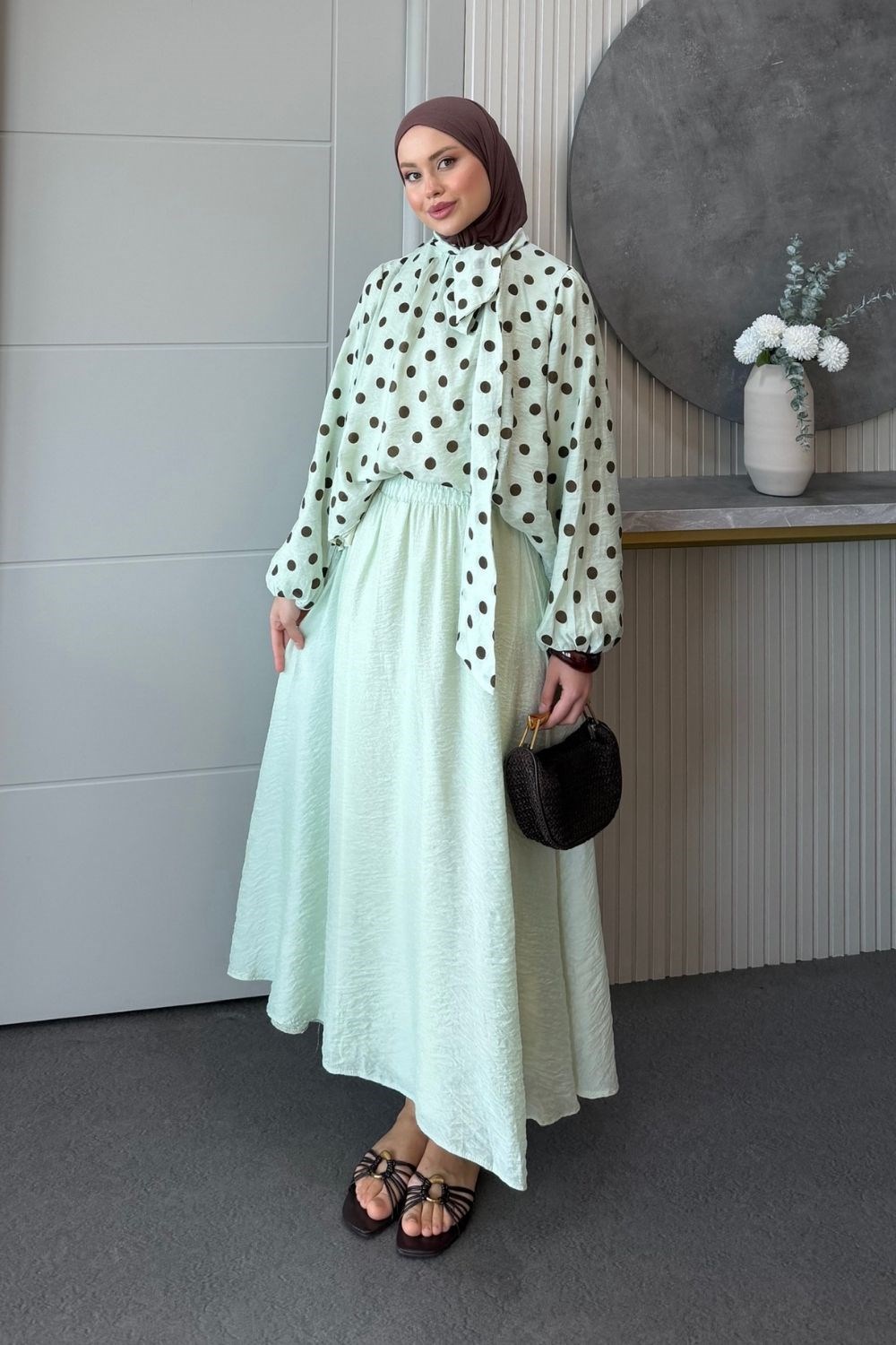 Amelia Puantiyeli Etekli Takım Mint 4336 