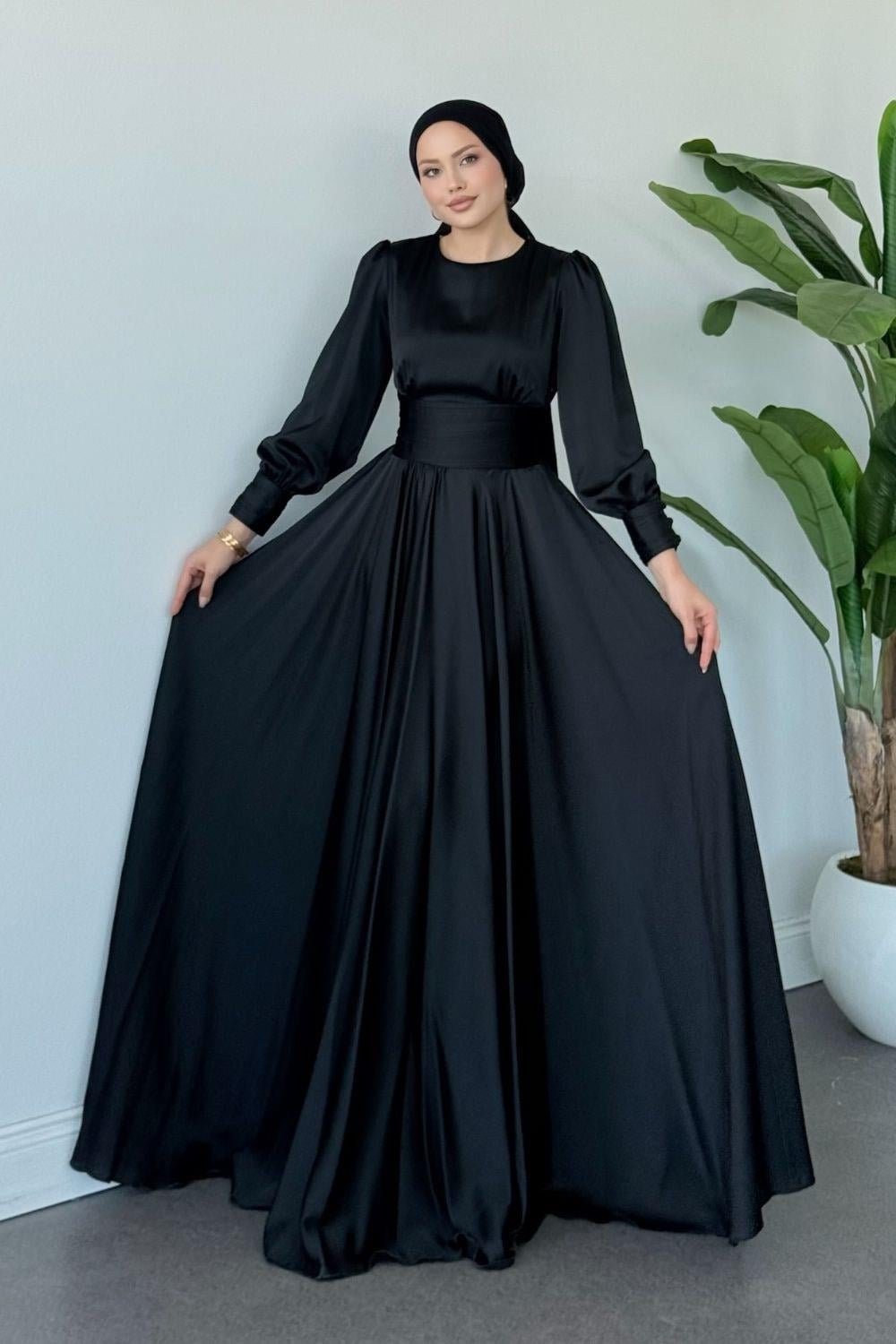 Beli Pilise Detaylı Maxi Tesettür Abiye Siyah 434000 