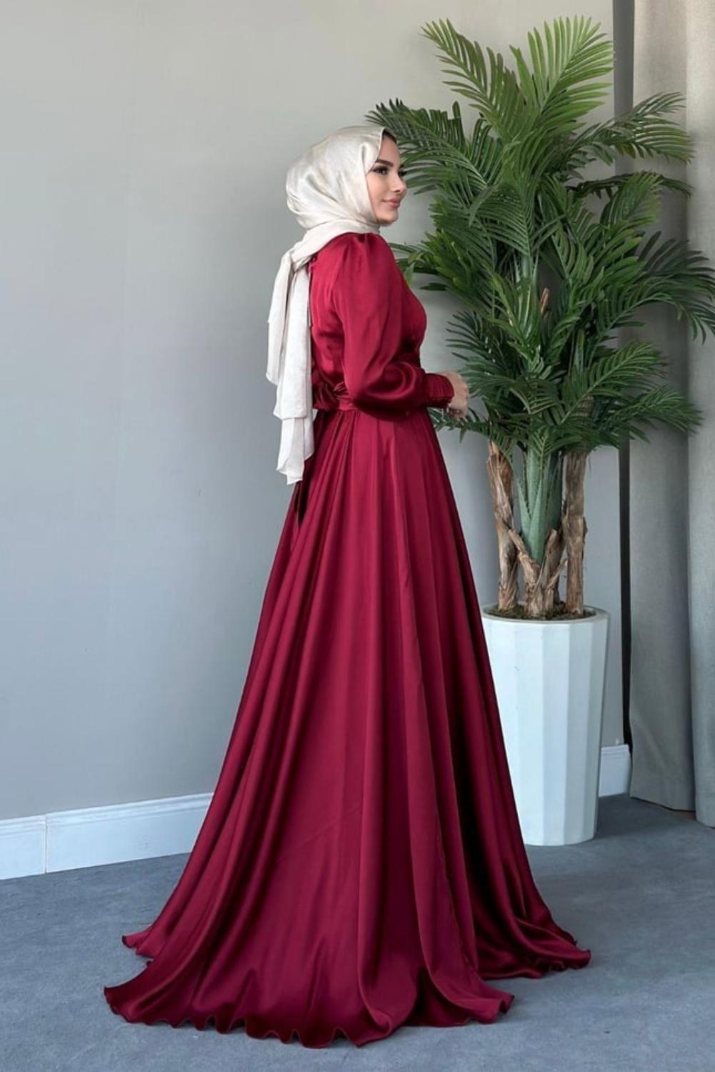 Beli Pilise Detaylı Maxi Tesettür Abiye Bordo 434000 