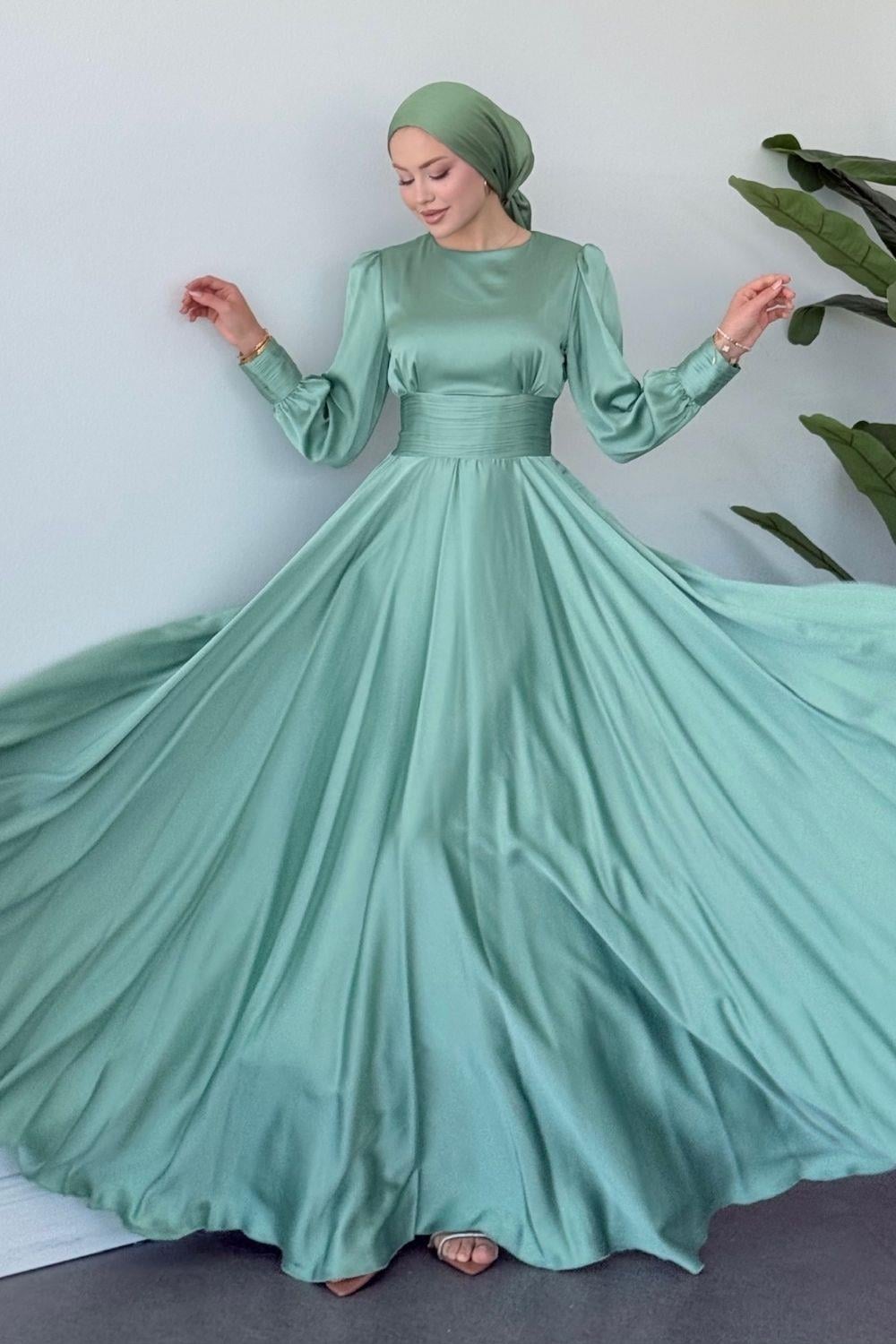 Beli Pilise Detaylı Maxi Tesettür Abiye Mint 434000 