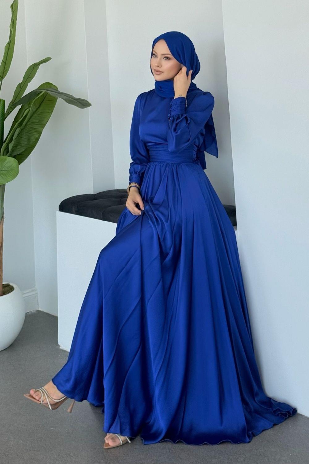 Beli Pilise Detaylı Maxi Tesettür Abiye Saks 434000 