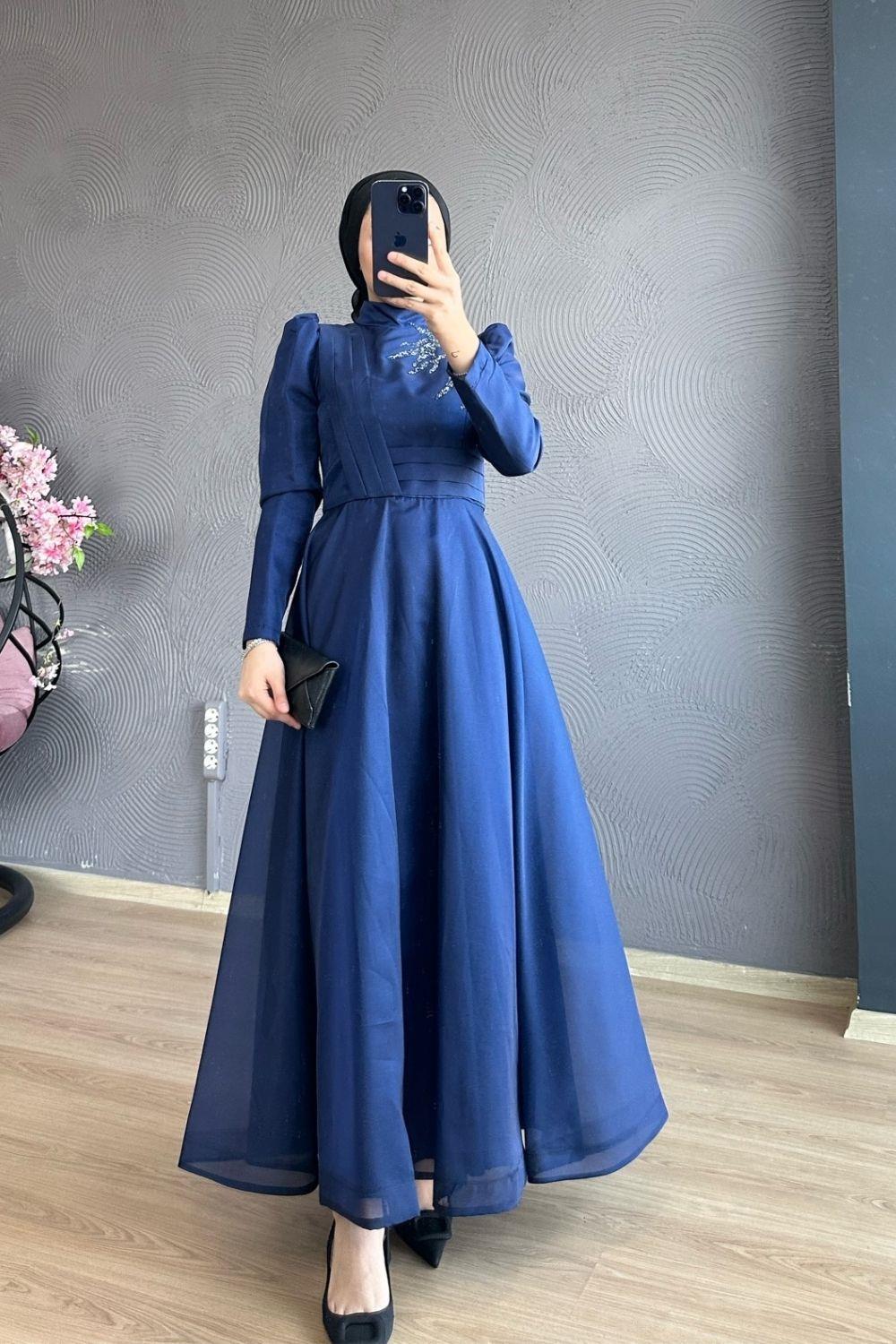 Organize Tül Gögsü Taşlı  Abiye Lacivert 4345 