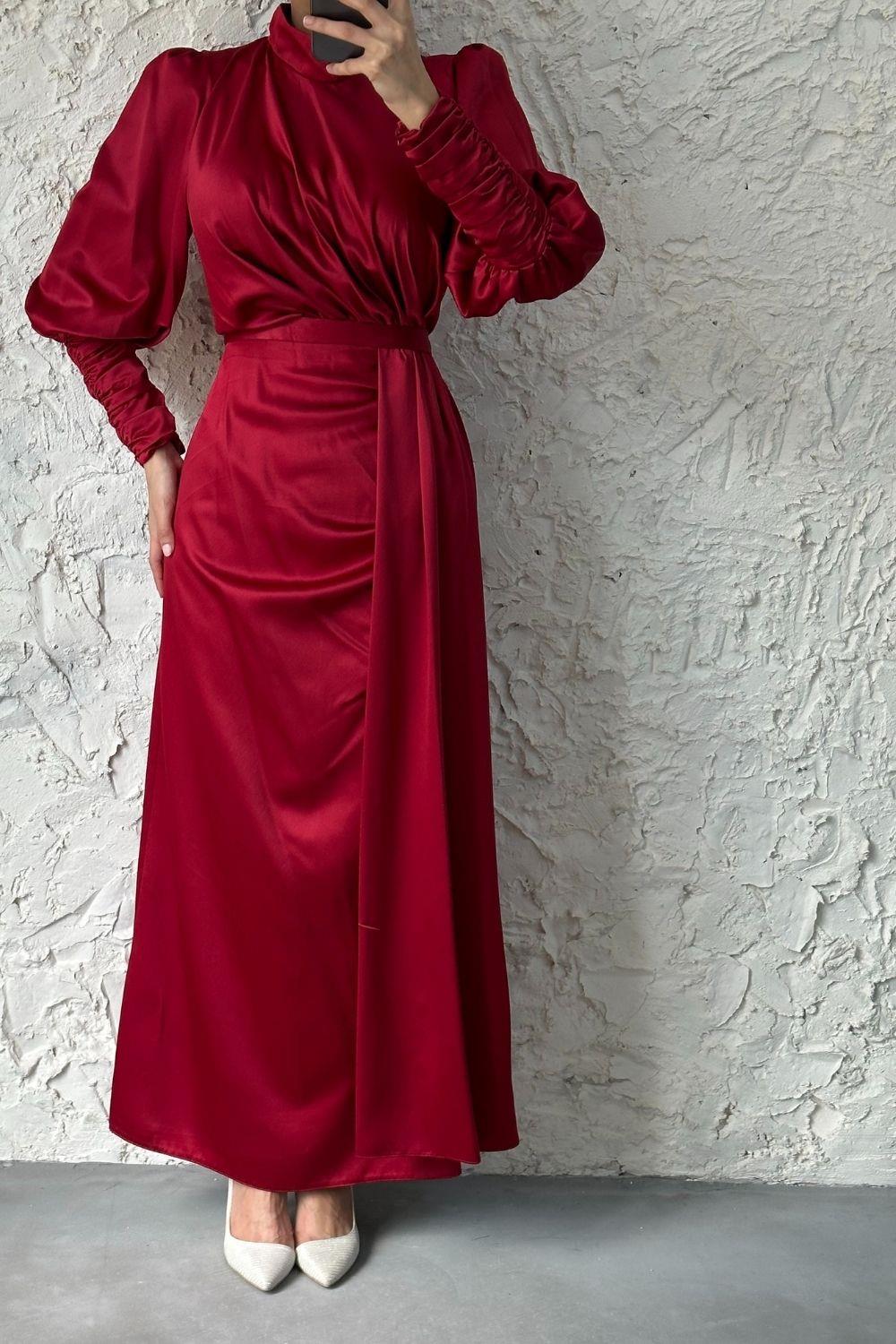 Bilekleri Drape Detay Abiye Bordo 4357 