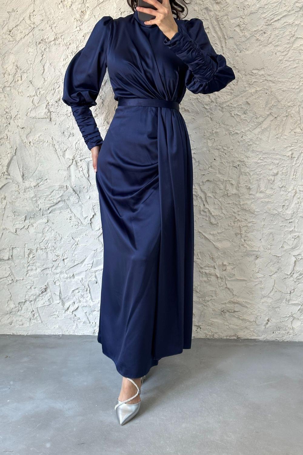 Bilekleri Drape Detay Abiye Lacivert 4357 