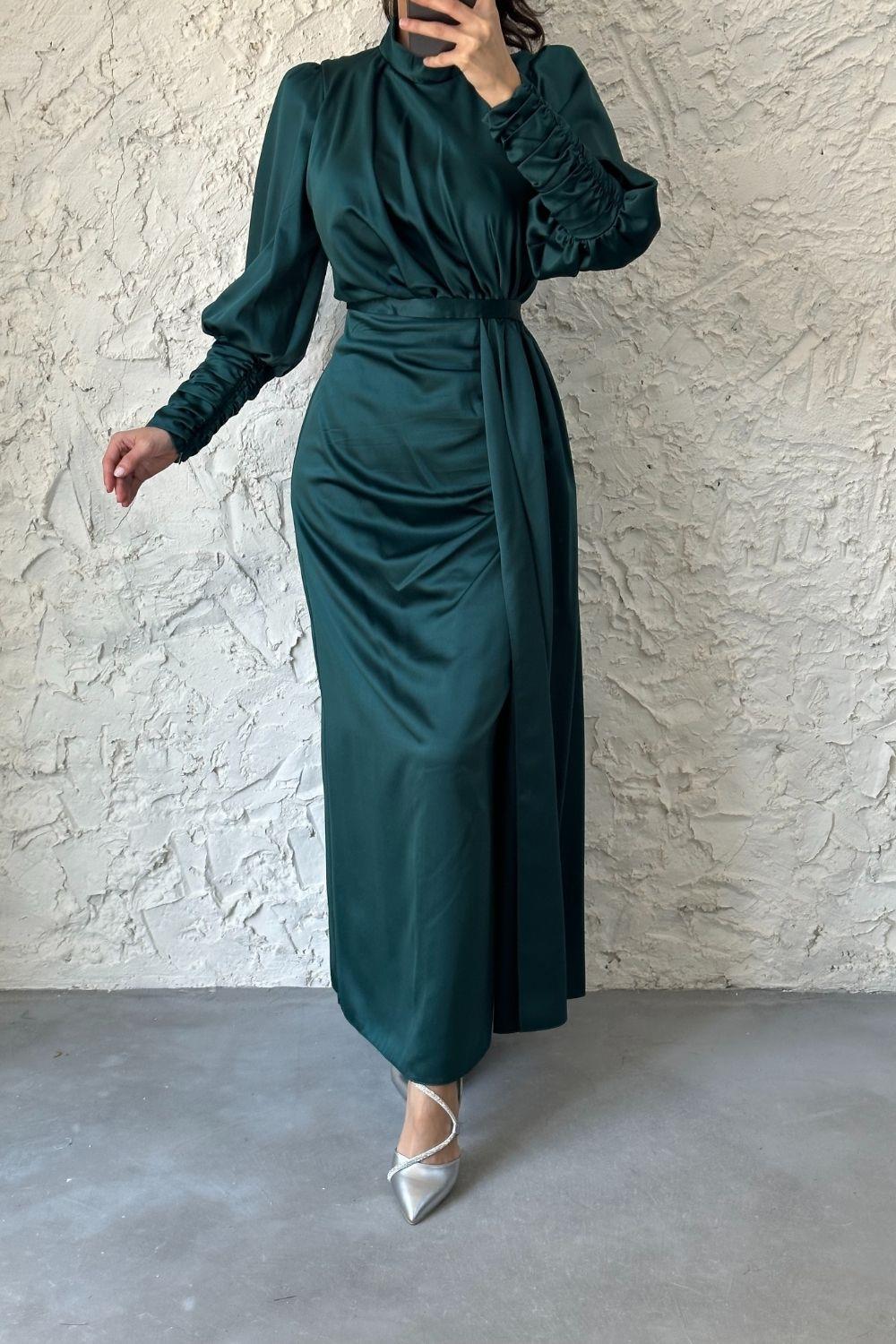 Bilekleri Drape Detay Abiye Zümrüt 4357 