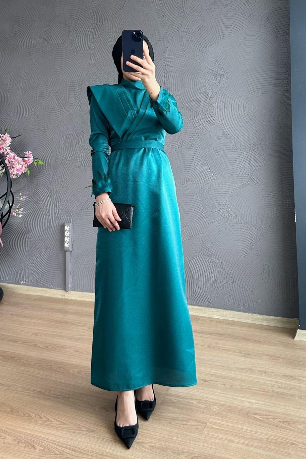 Kol Ucu Tüylü Kafta Abiye Zümrüt 4360 