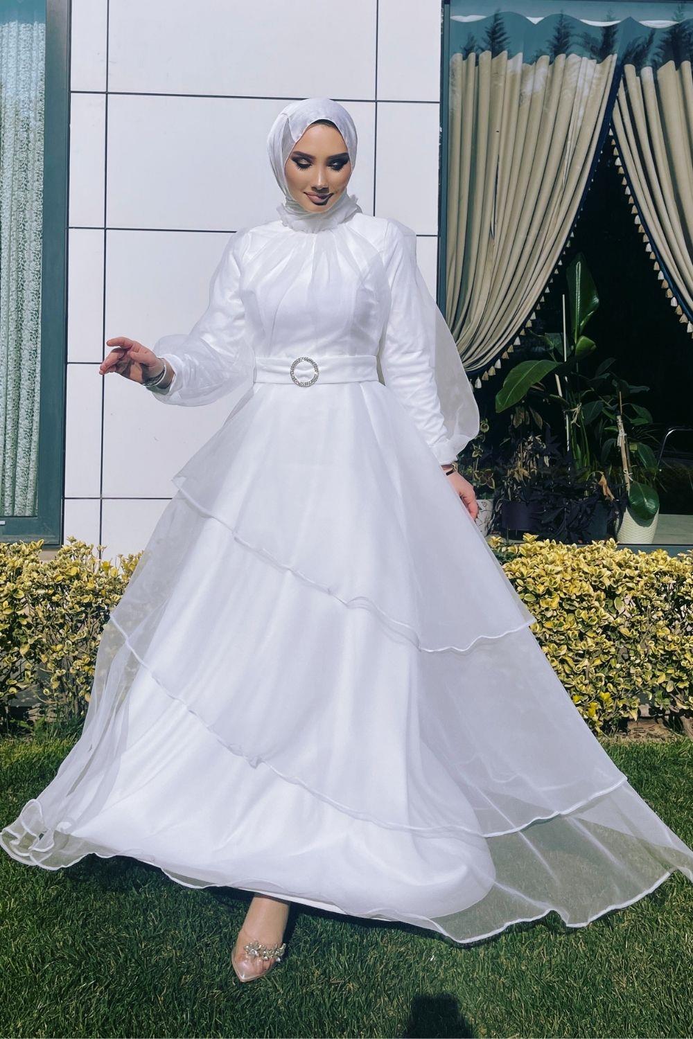 Eteği Asimetrik Kat Kesimli Organze Tül Abiye Beyaz – Şule Giyim | Tesettür  Giyim