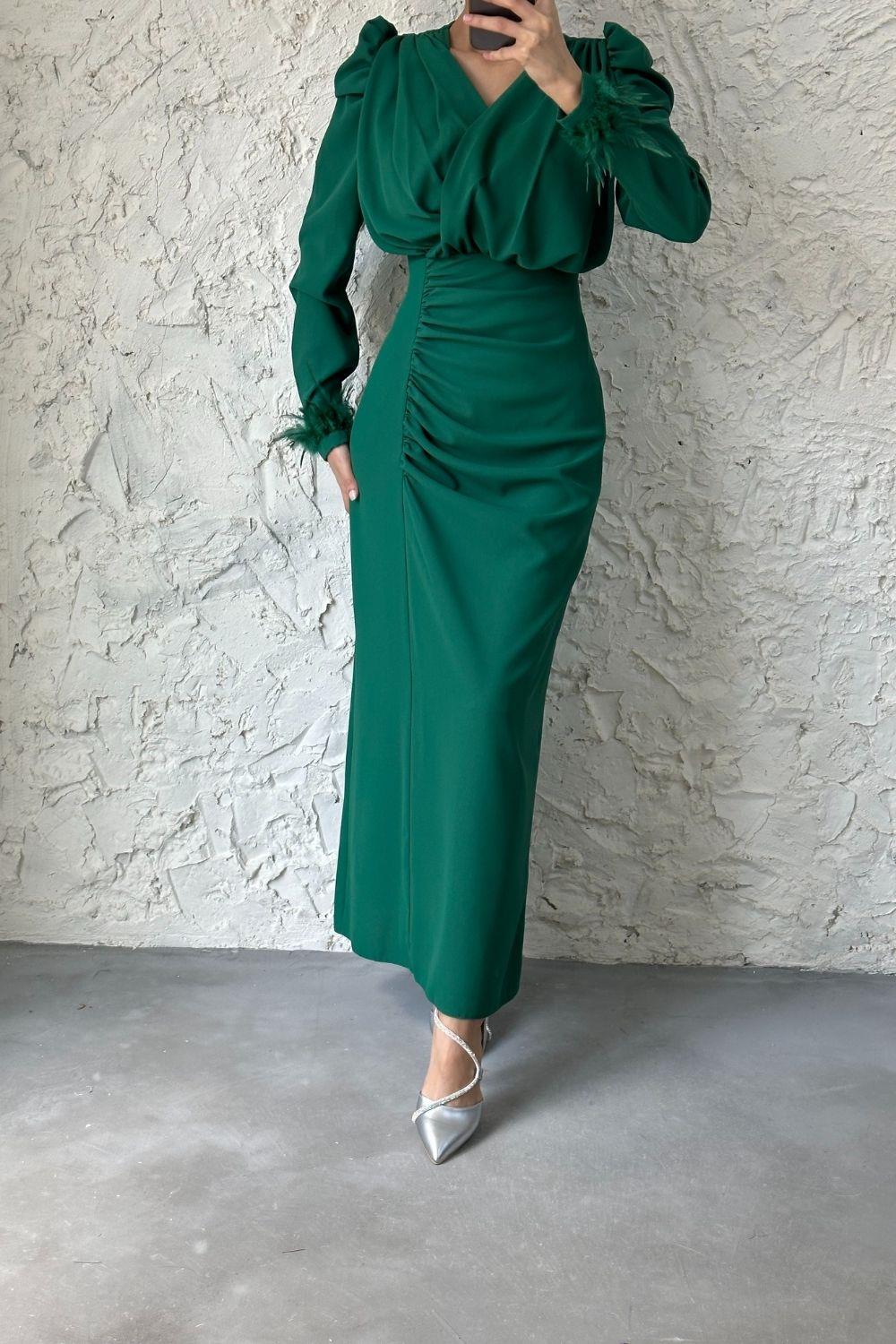 Kruveza Yaka Kolu Tüylü Abiye Yeşil – Şule Giyim | Tesettür Giyim