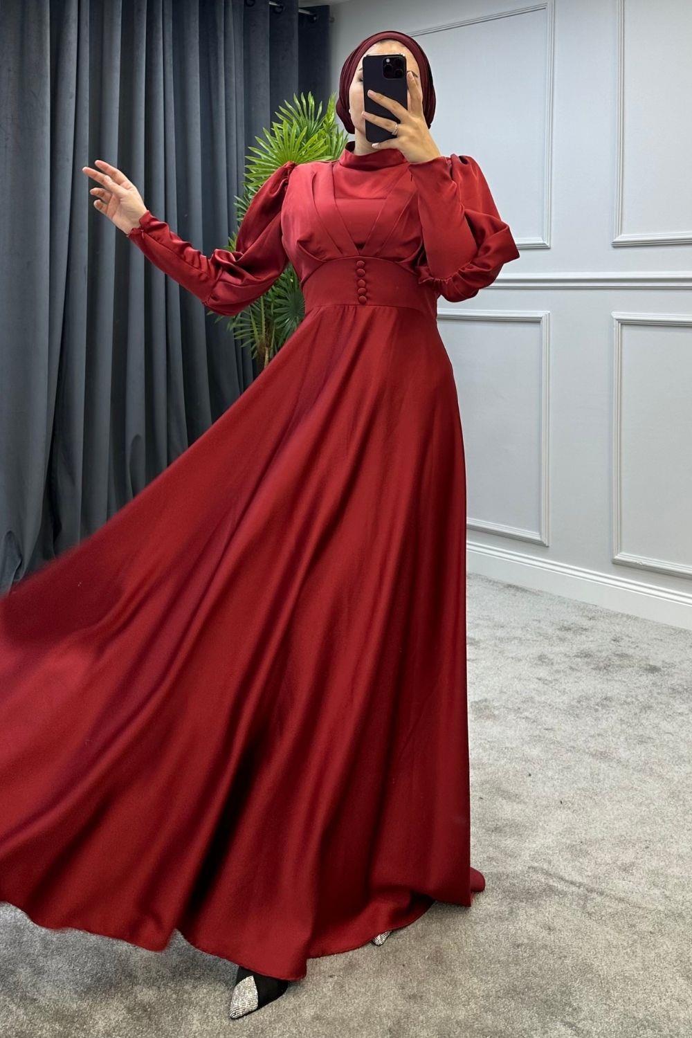 Düğmeli Saten Abiye Bordo 4374 