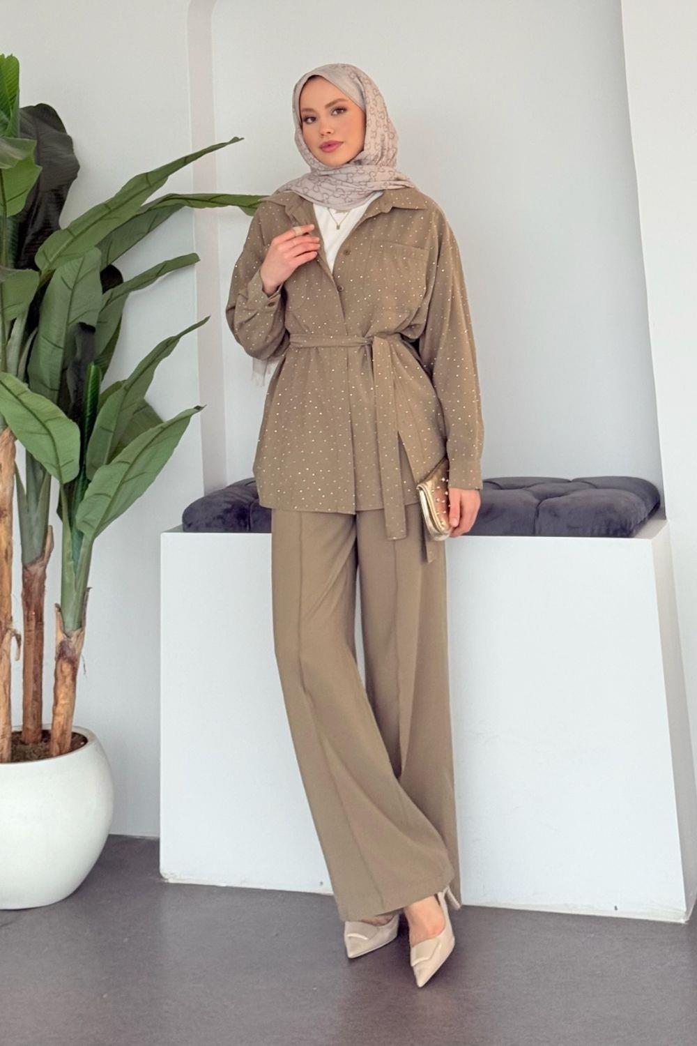 Taş Detaylı Pantolonlu Takım Haki 4404 