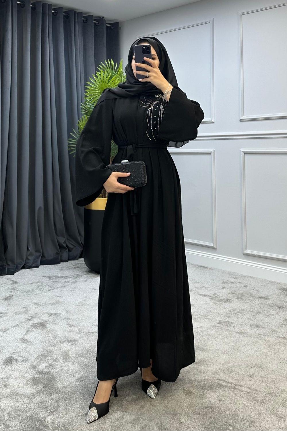Omzu İşlemeli Abaya Siyah 44120 