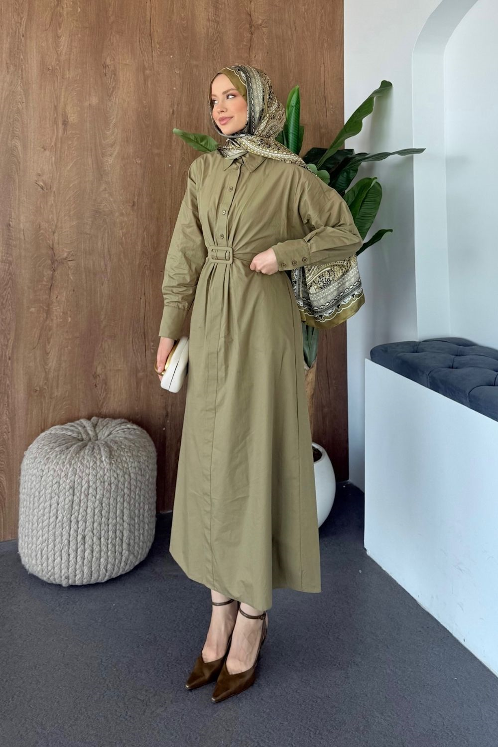 Tokalı Detaylı Elbise Haki 4416 