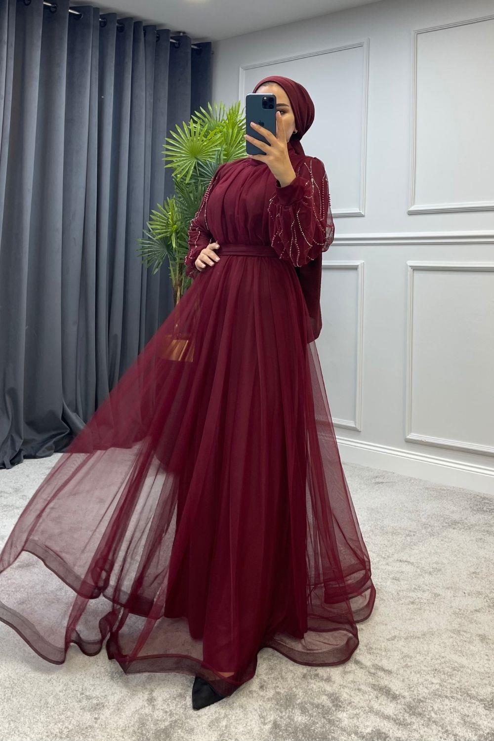 Kolları Boncuklu Tül Abiye Bordo 4424 