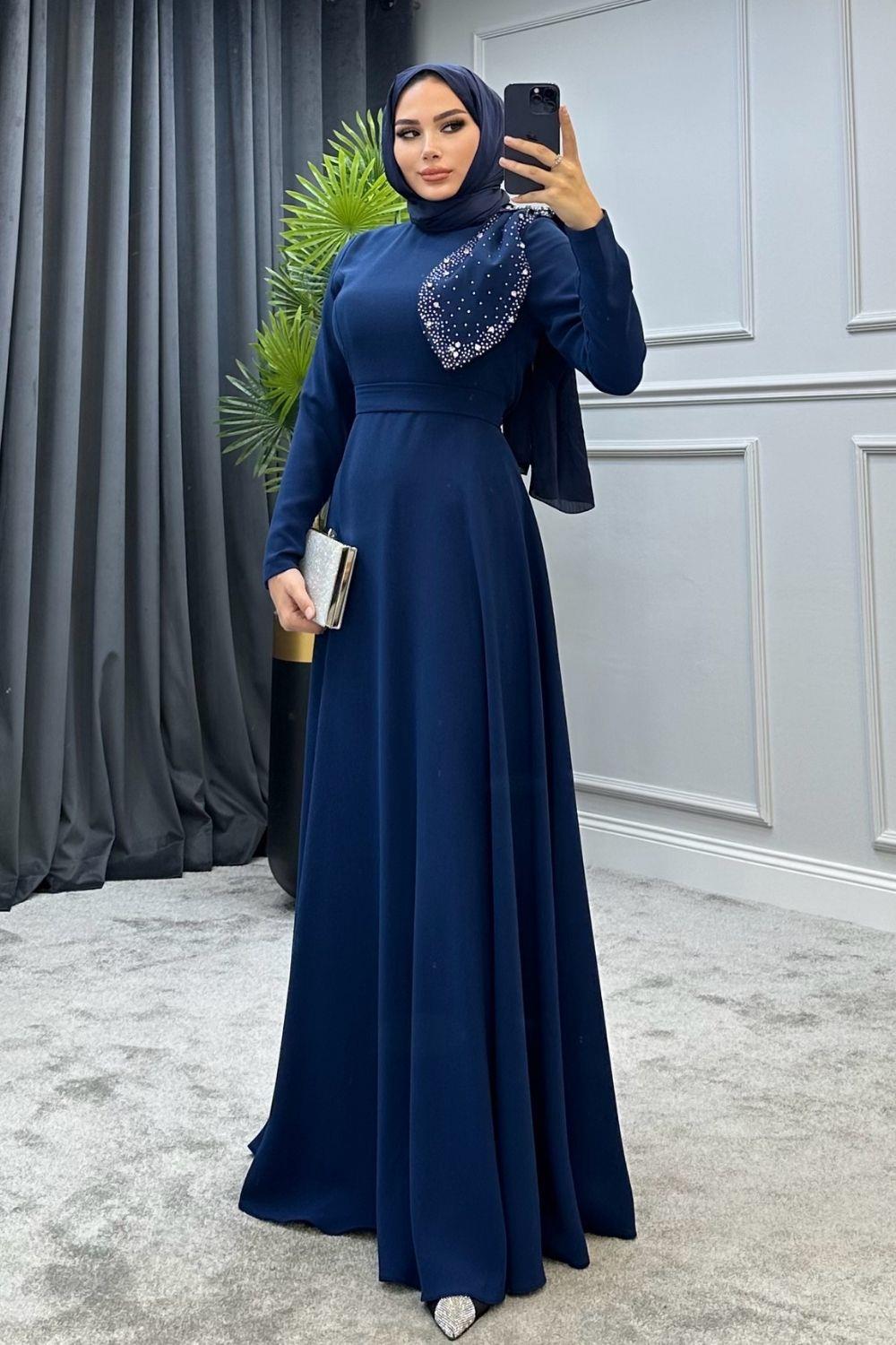 Taşlı Fiyonklu Abiye Lacivert 4434 