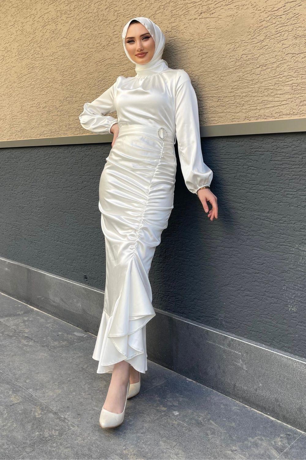 Eteği Büzgülü Kemerli Saten Abiye Beyaz – Şule Giyim | Tesettür Giyim