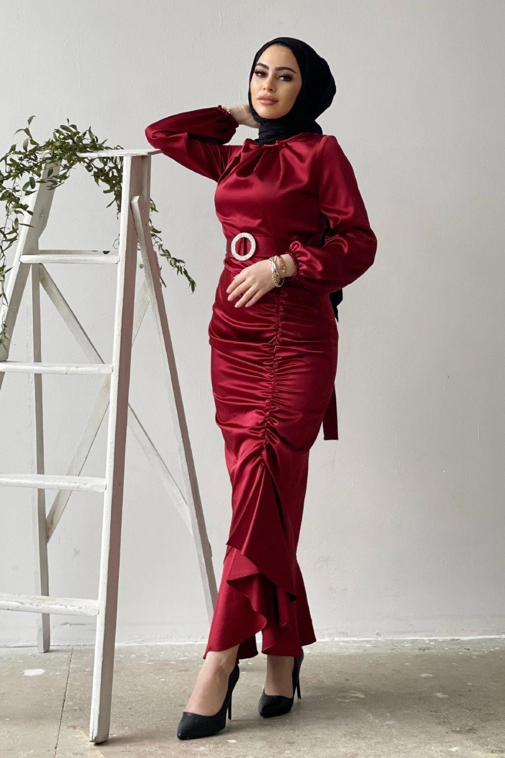 Eteği Büzgülü Kemerli Saten Abiye Bordo 4486 