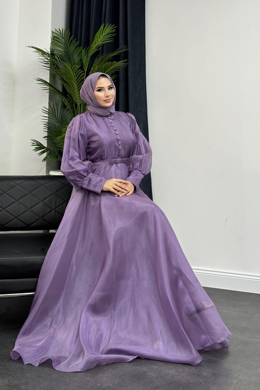 Düğmeli Balon Kol Abiye Lila 4494 