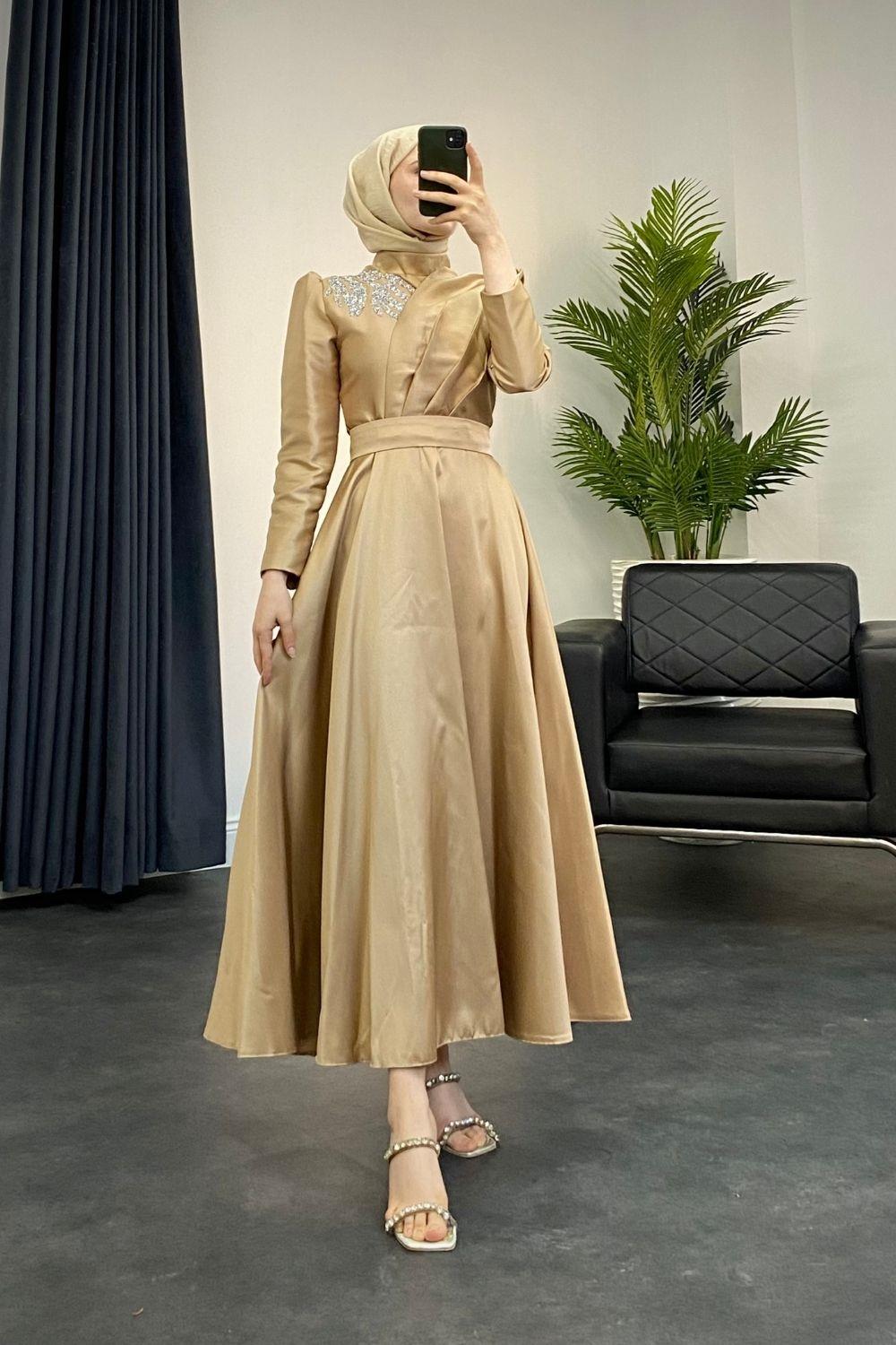 Omzu Taşlı Kafta Abiye Gold 44970 