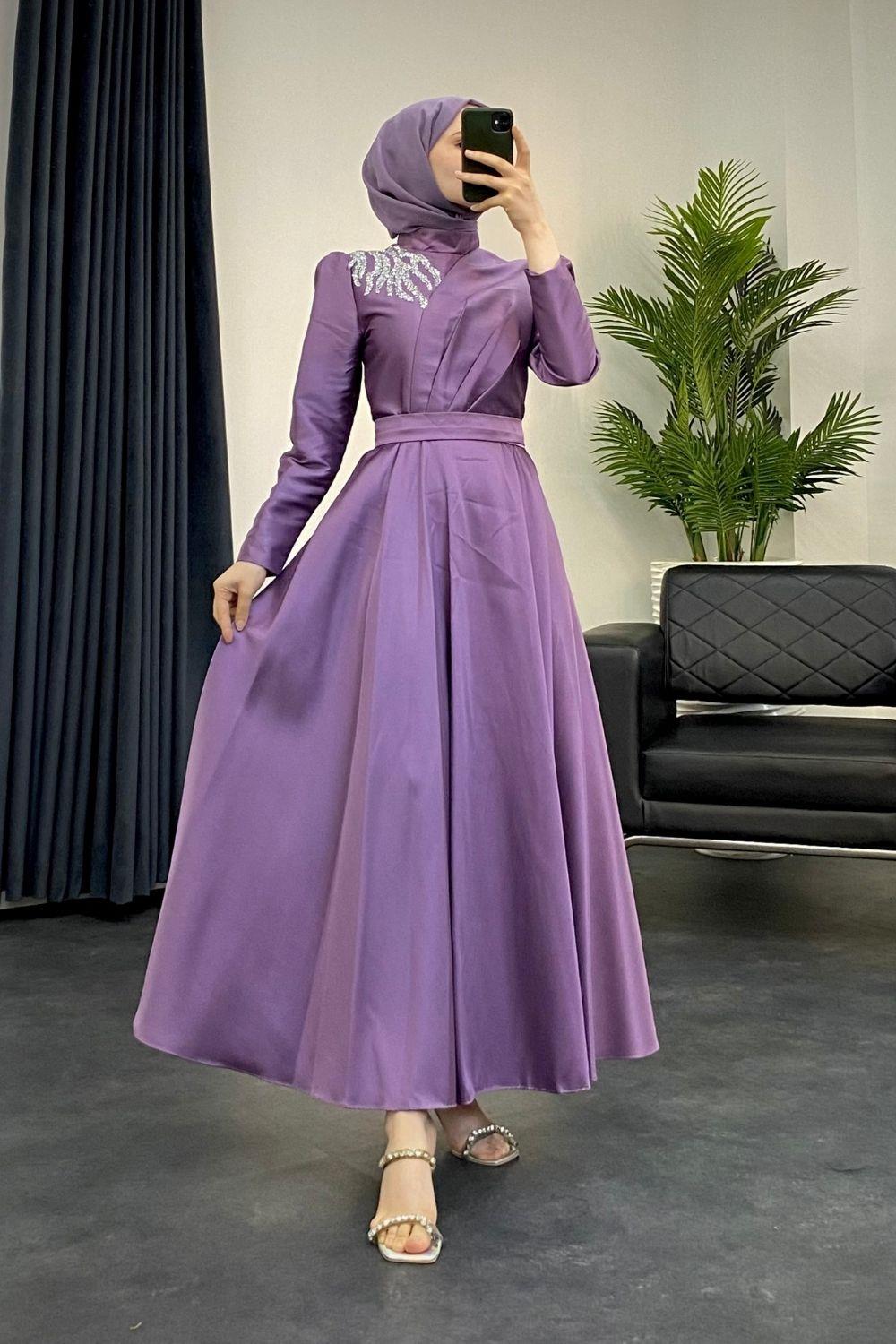 Omzu Taşlı Kafta Abiye Lila 44970 