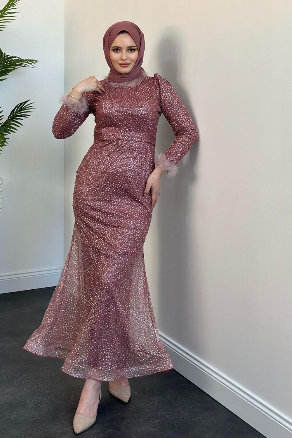 Aslı Simli Kolları Yakası Tüğlü Abiye Gül Kurusu 4534 