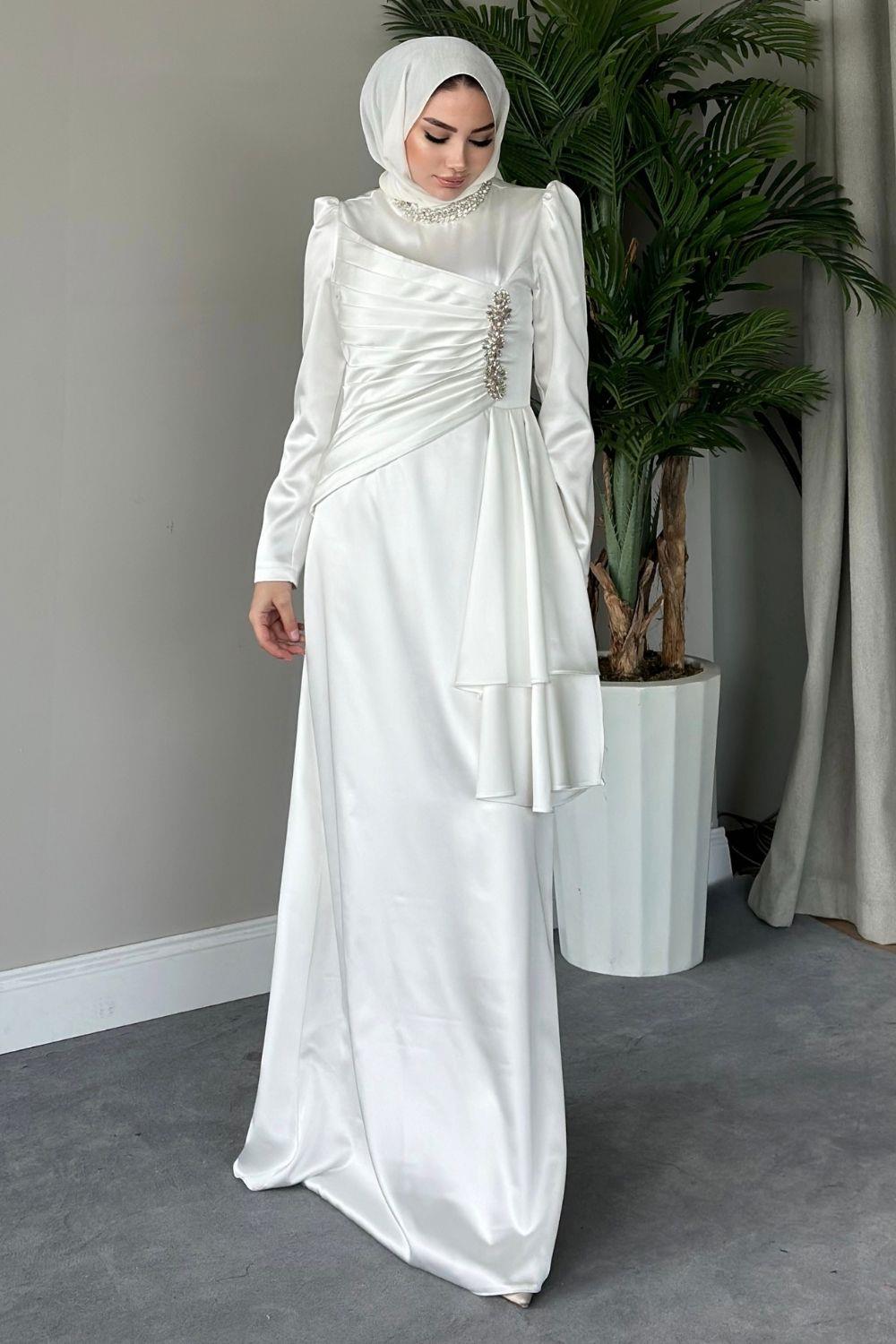 Belden Şık Detaylı Saten Abiye Beyaz 4543 