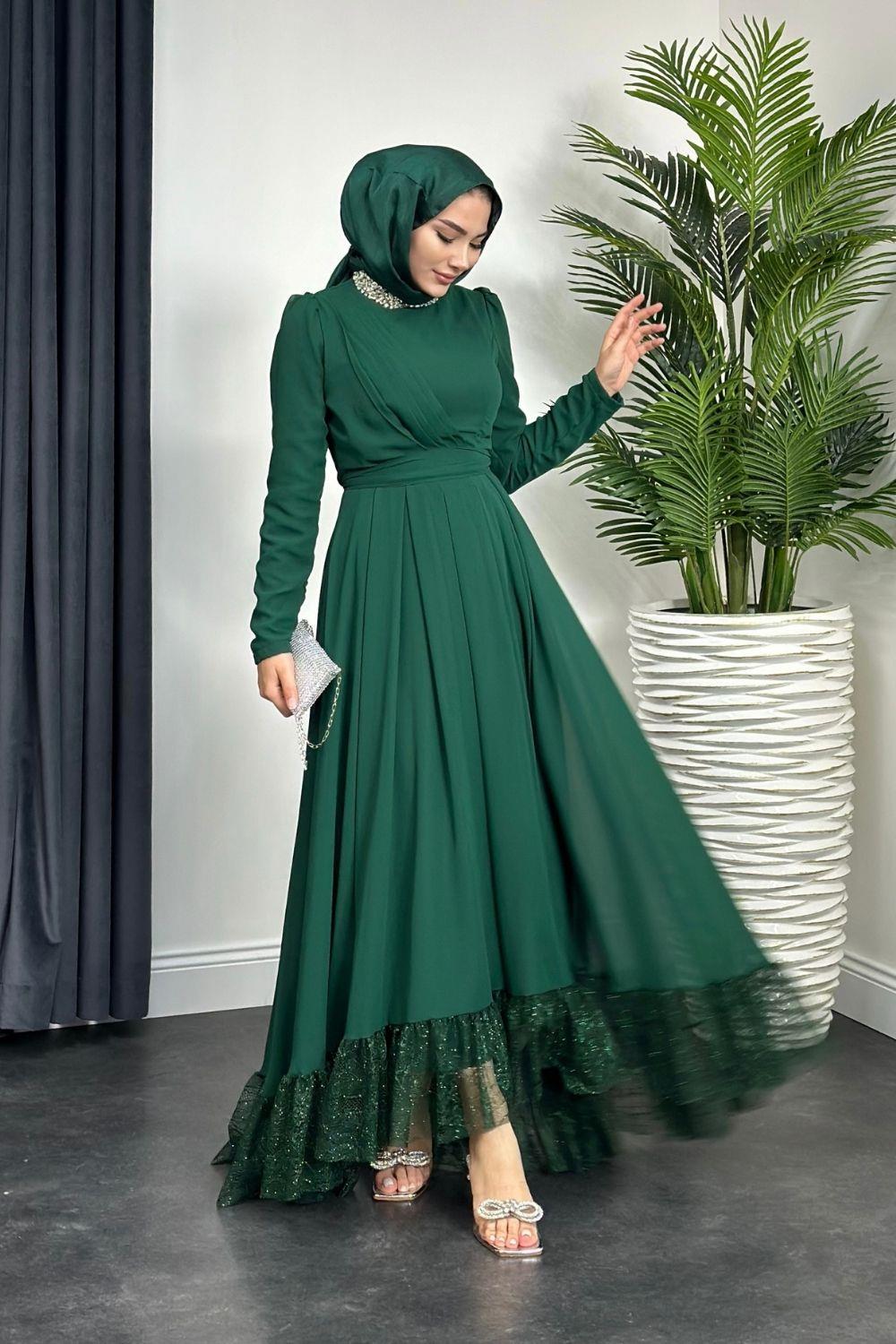 Yaka Taşlı Altı Dantelli Abiye Zümrüt 4562 