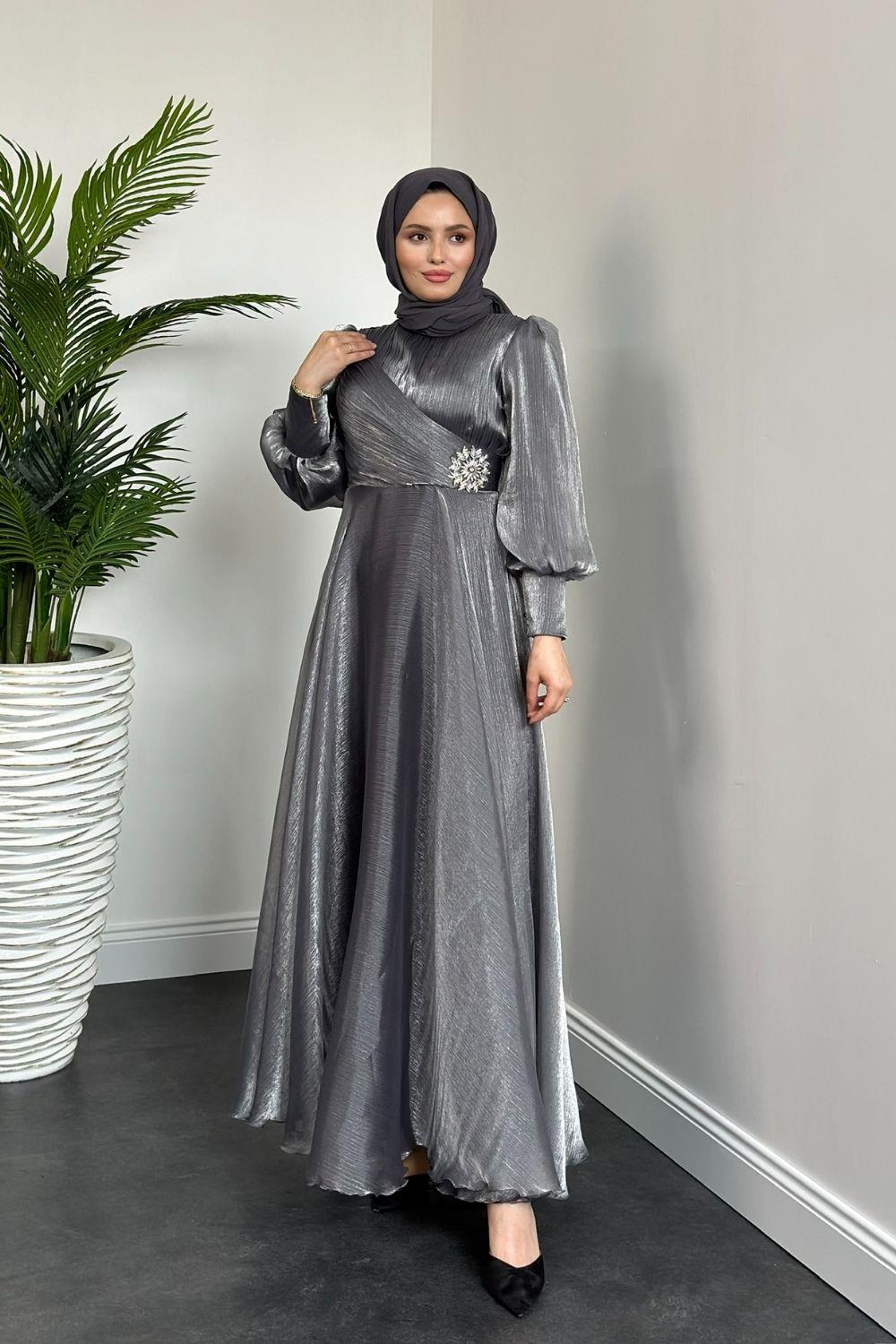 Beli Taş Detaylı Janjan Abiye Gri 4579 