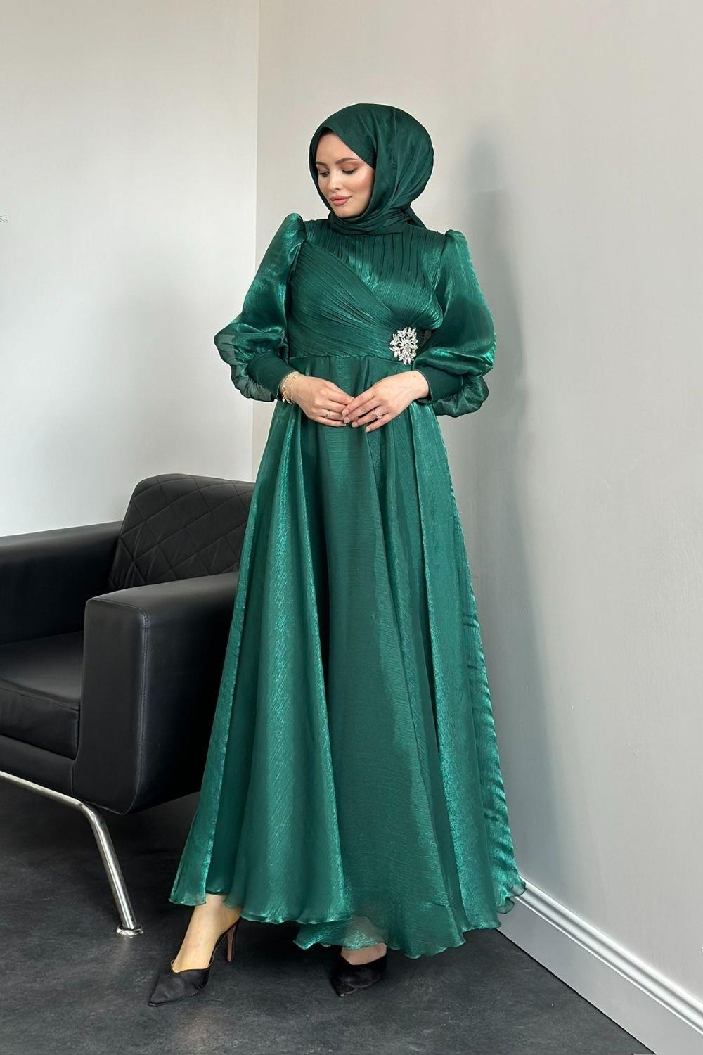 Beli Taş Detaylı Janjan Abiye Zümrüt 4579 