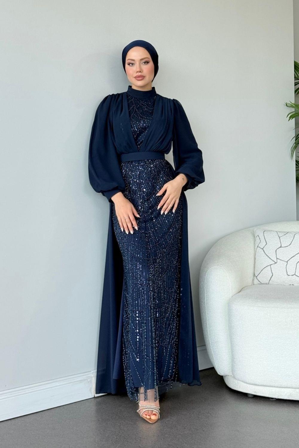 Şifon Boncuklu Abiye Lacivert 46300 