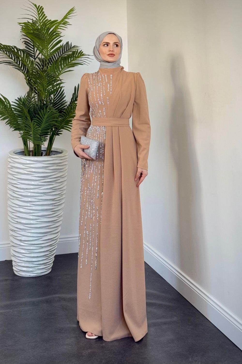 Yandan Taşlı Abiye Camel 4631 