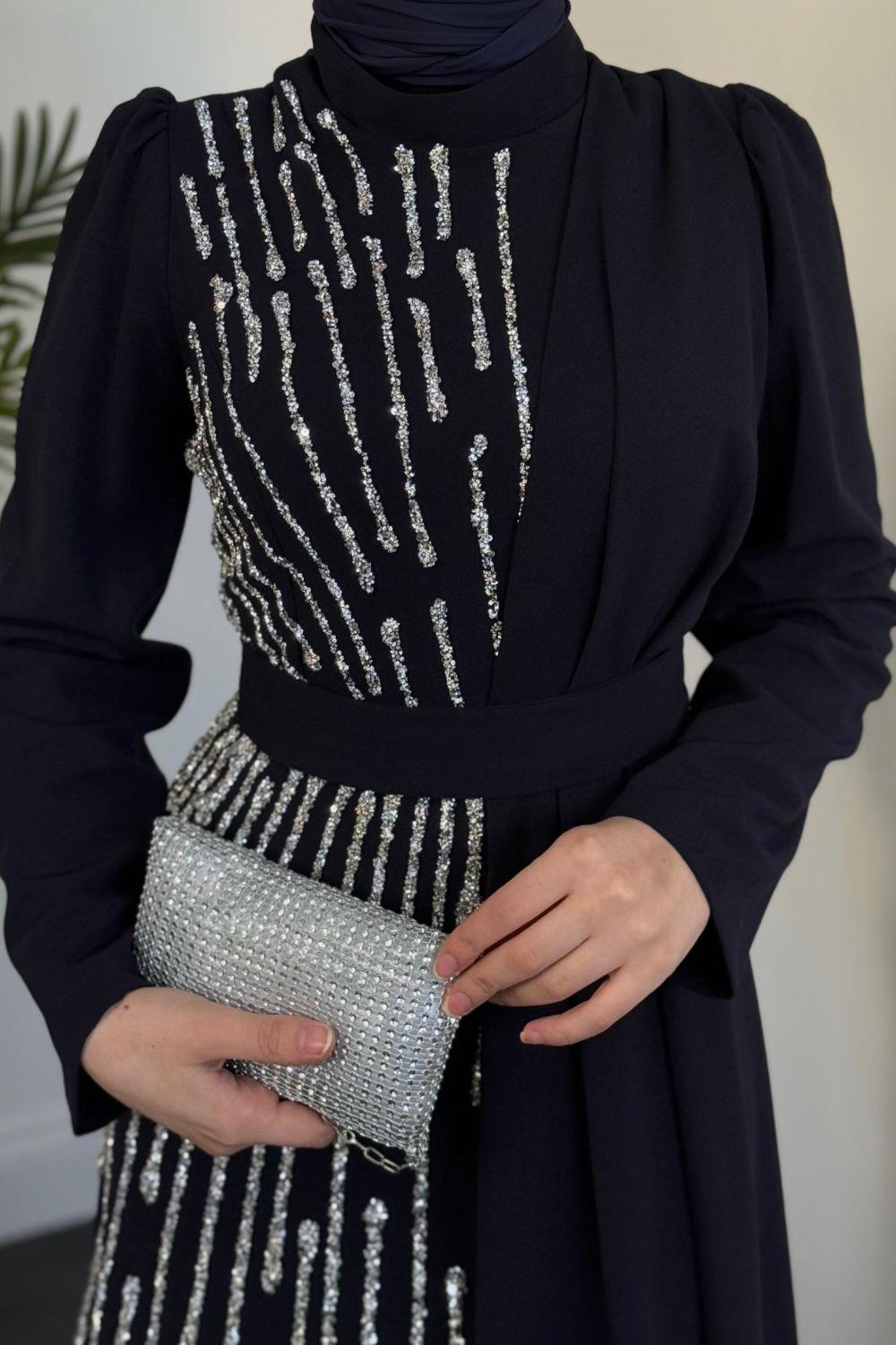 Yandan Taşlı Abiye Lacivert 4631 