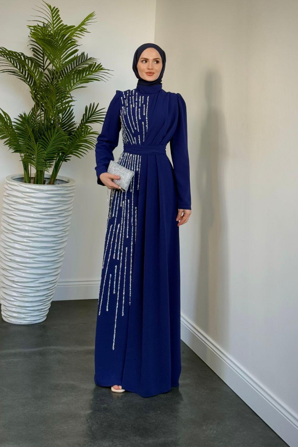 Yandan Taşlı Abiye Saks 4631 