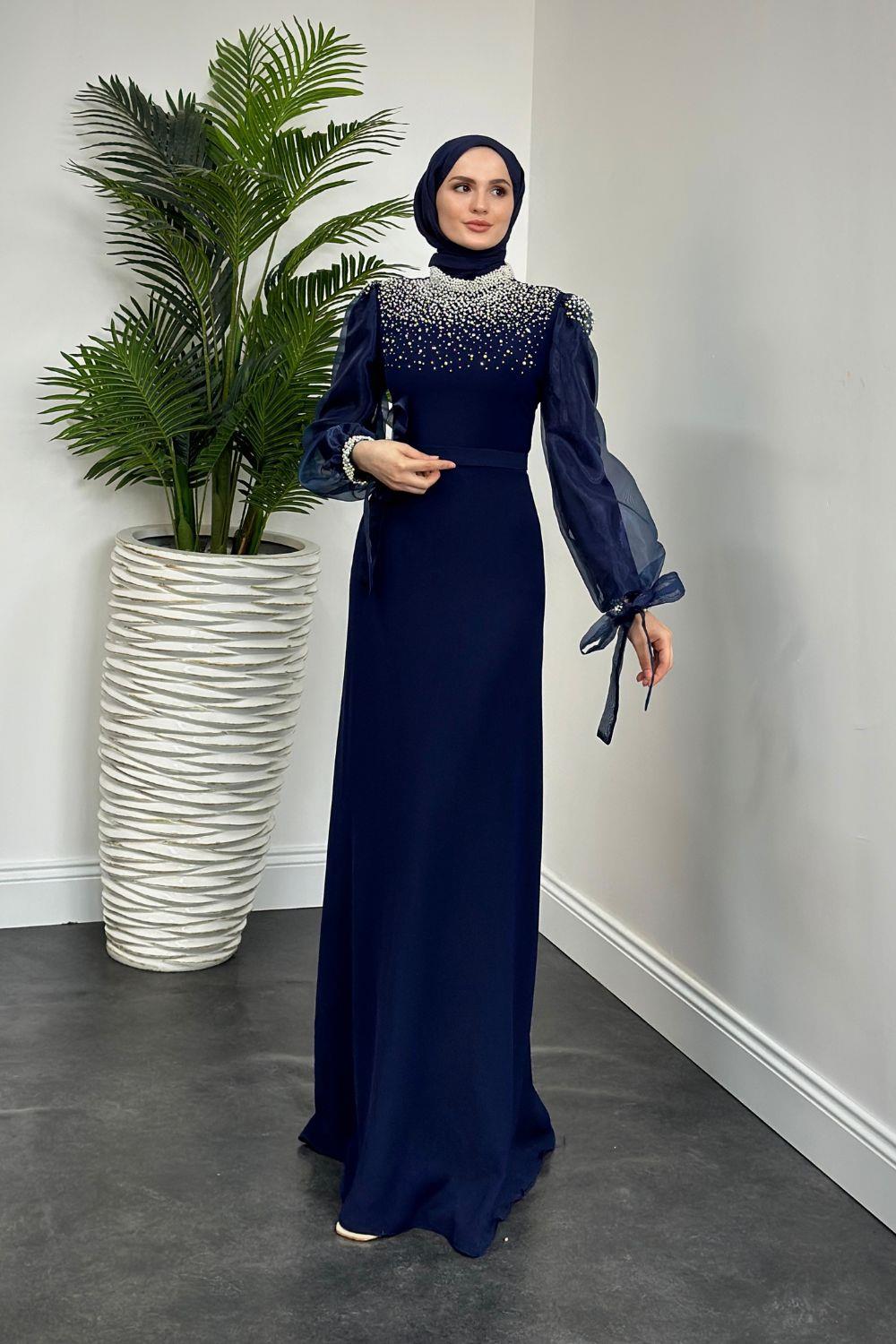 Nina İnci İşlemeli Abiye Lacivert 4635 