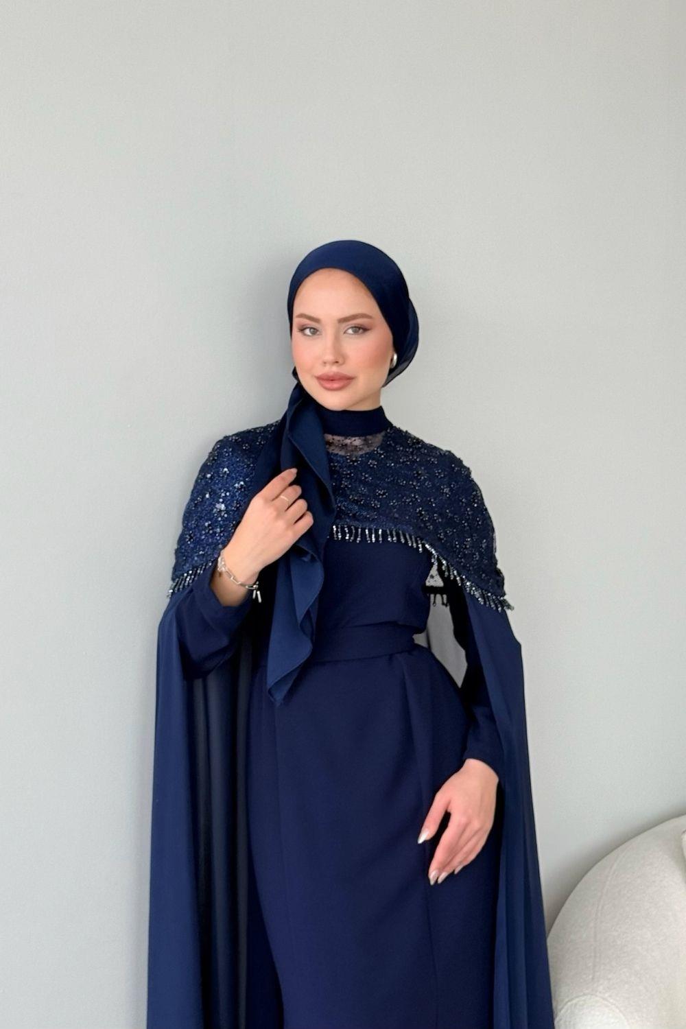 Üstü Pelerinli Abiye Lacivert 4653 