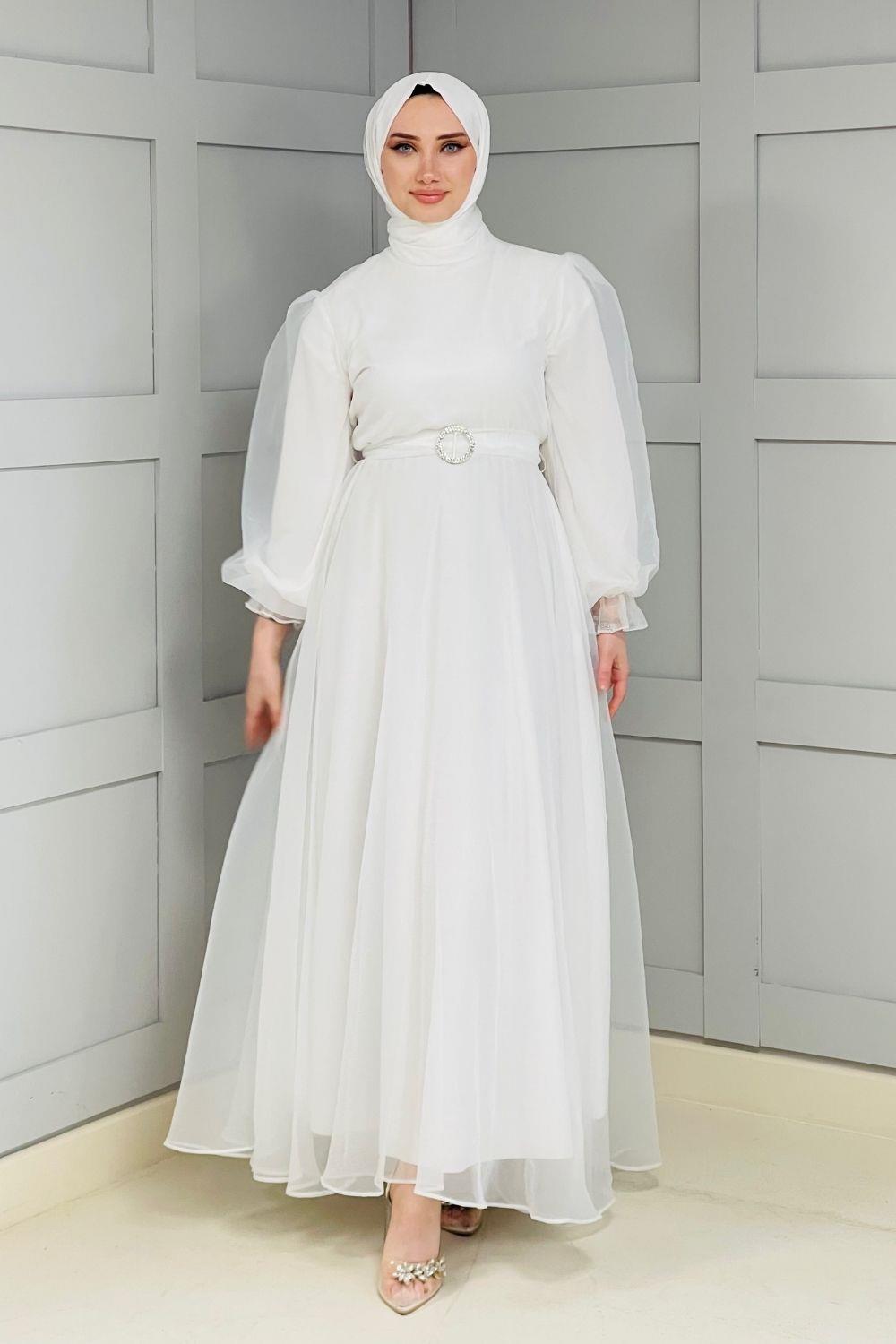 Organize Tül Taş Kemerli Abiye Beyaz – Şule Giyim | Tesettür Giyim