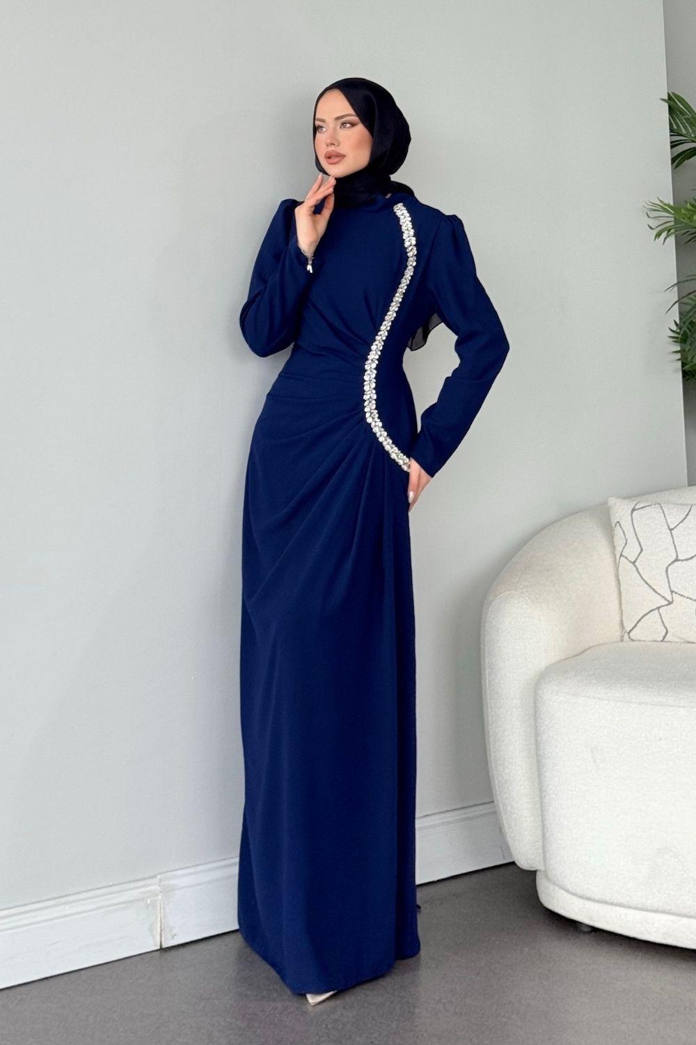 Sole Taşlı Abiye Lacivert 4657 