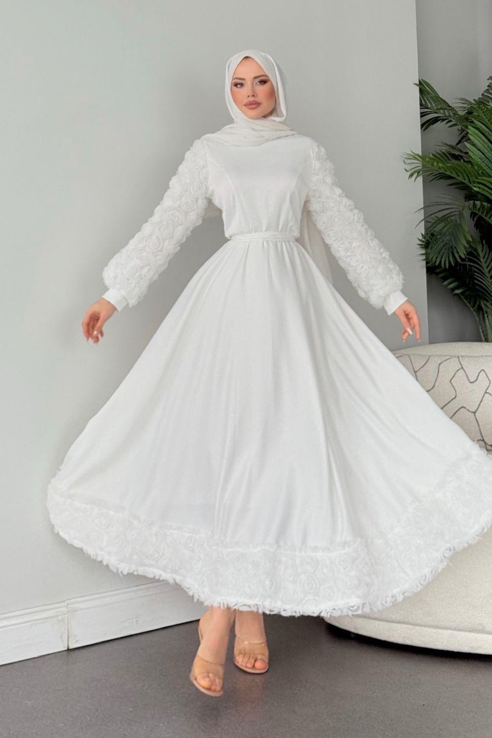 Kolları Ve Etek  Ucu Güllü Abiye Beyaz 4661 