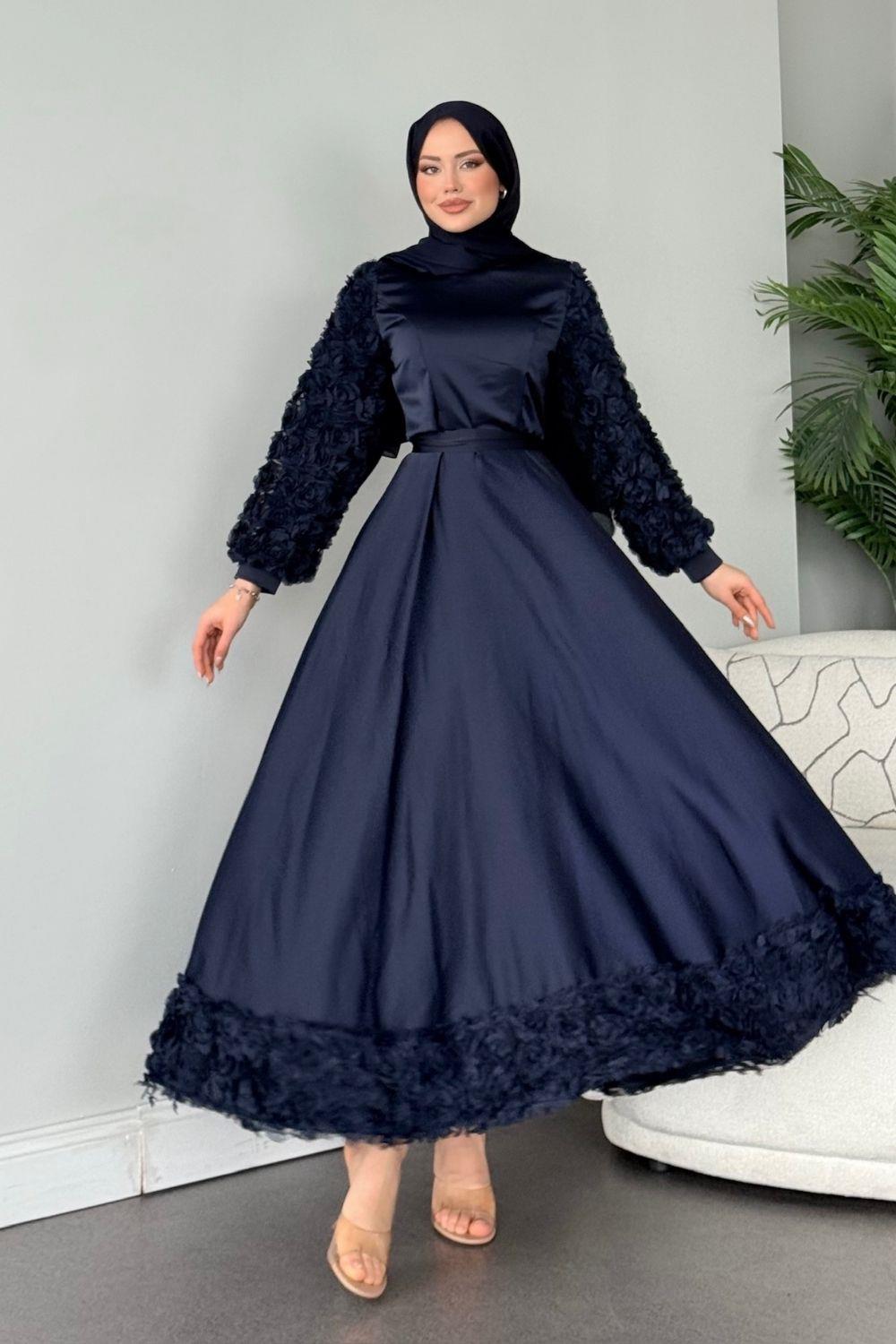 Kolları Ve Etek  Ucu Güllü Abiye Lacivert 4661 