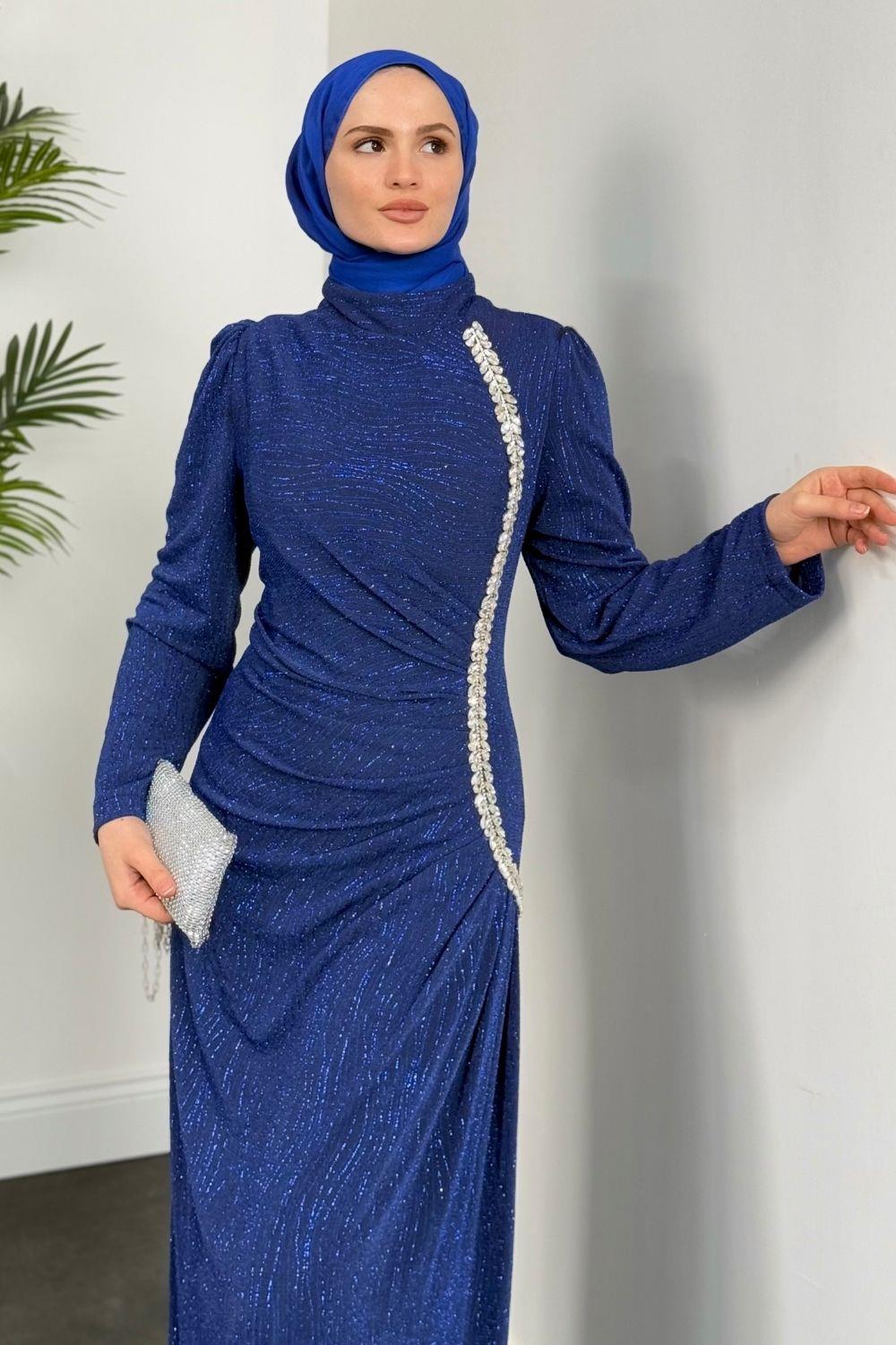 Simli Yandan Taşlı Abiye Saks 4692 