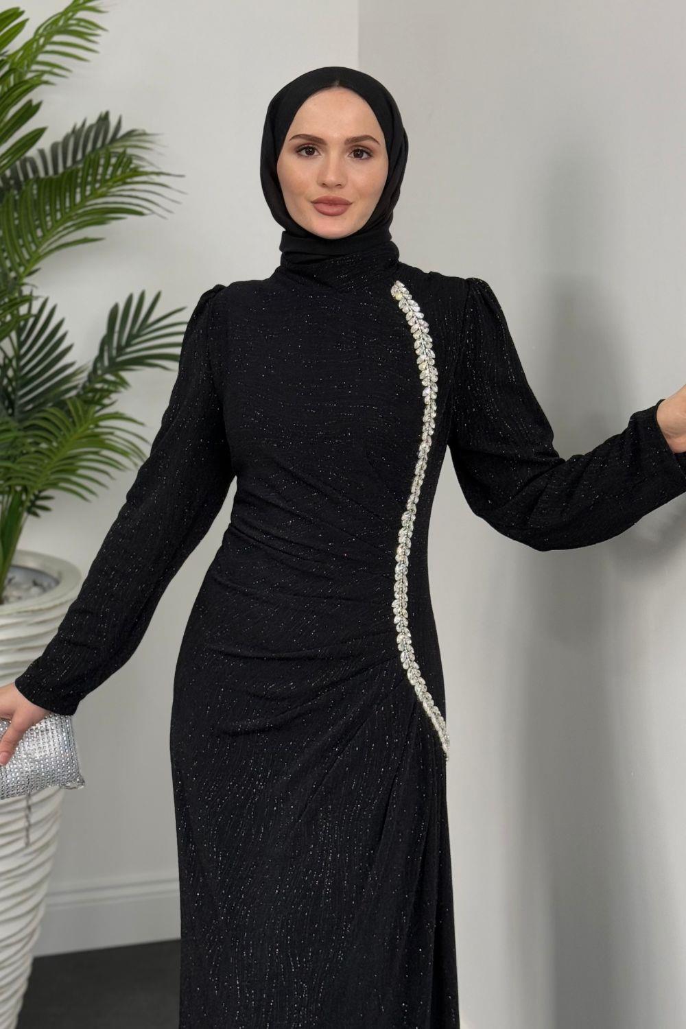 Simli Yandan Taşlı Abiye Siyah 4692 