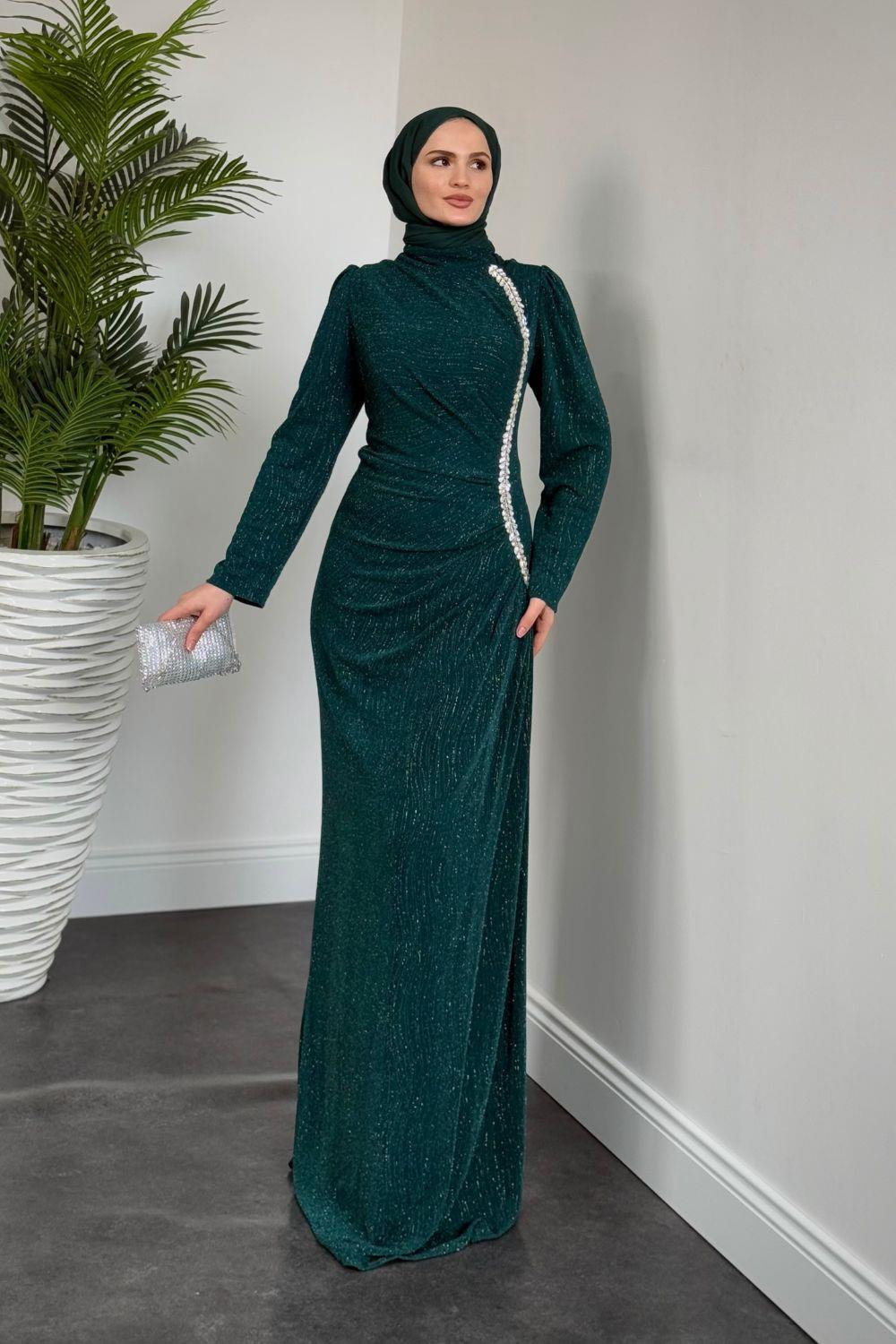 Simli Yandan Taşlı Abiye Zümrüt 4692 