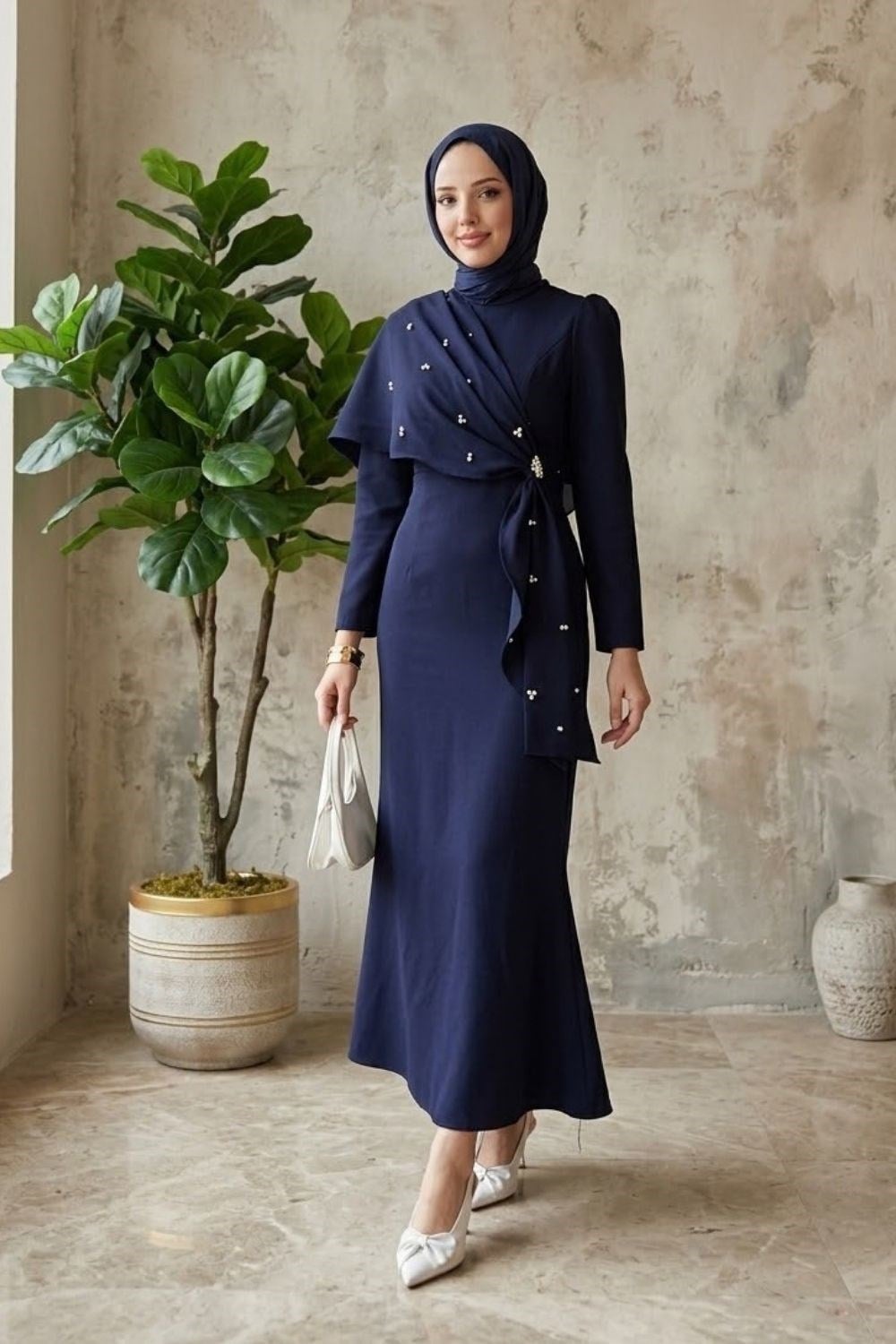 Hilary Drape Detay Abiye Lacivert 4725 
