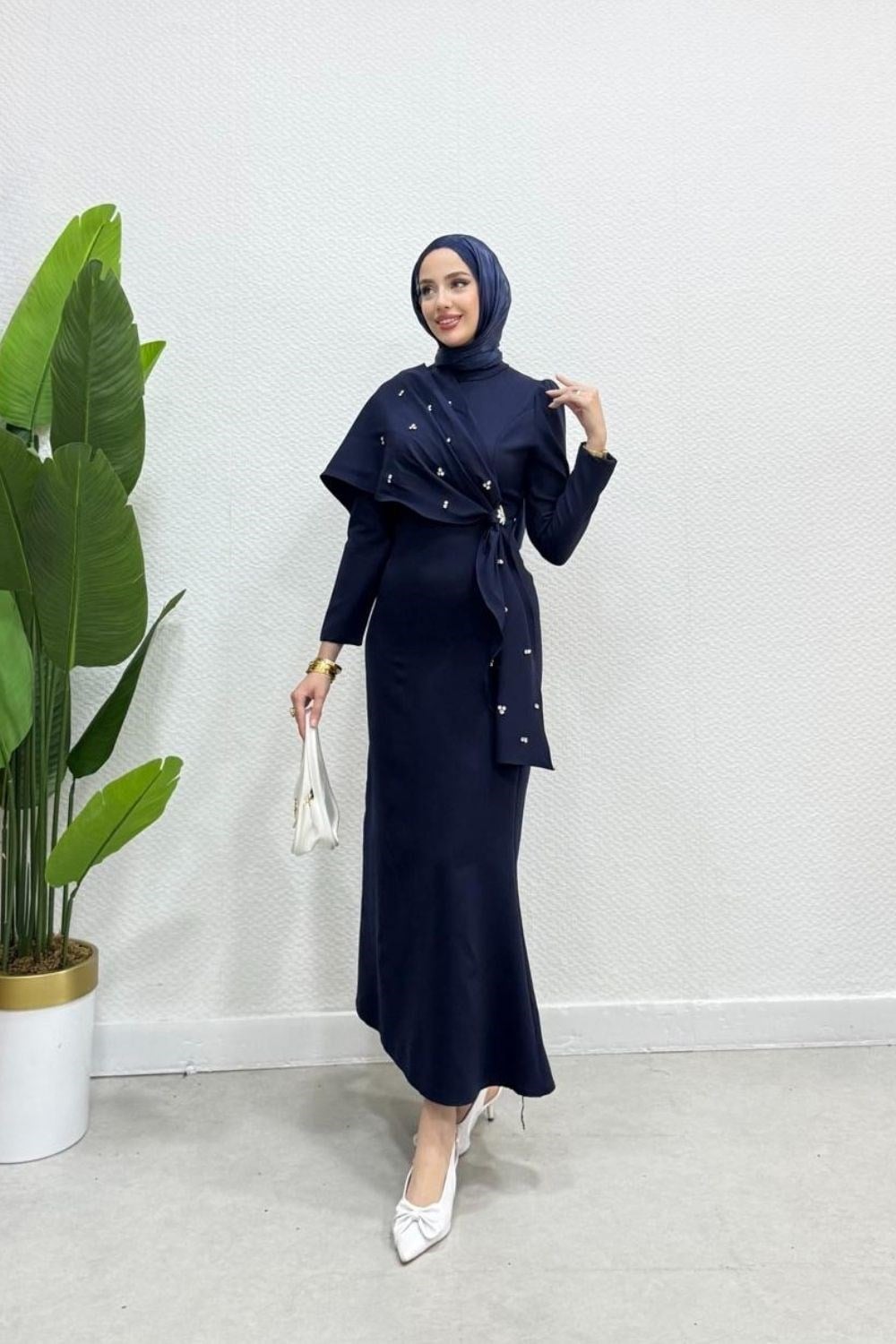 Hilary Drape Detay Abiye Lacivert 4725 