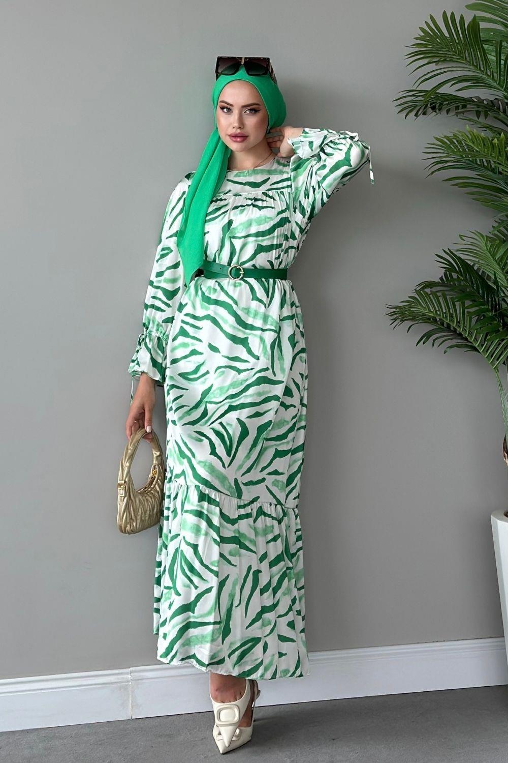 Belda Desenli Elbise Yeşil 4744 