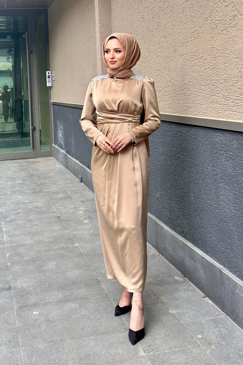 Roba Taşlı Saten Abiye Gold 4749 