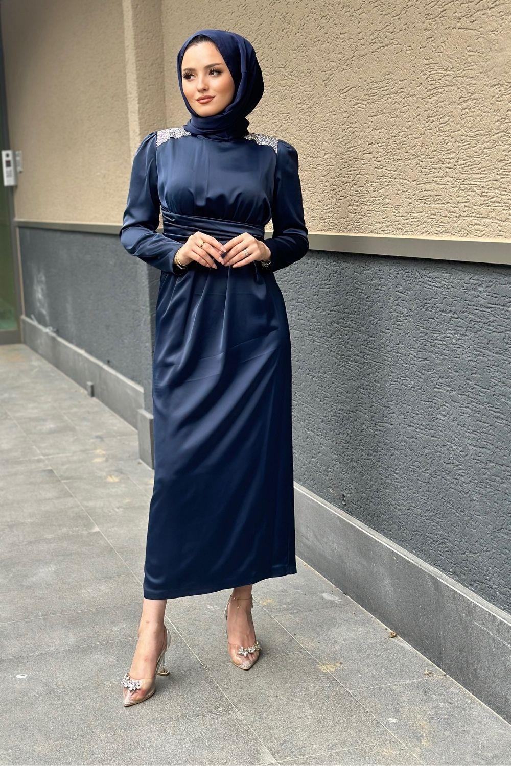 Roba Taşlı Saten Abiye Lacivert 4749 