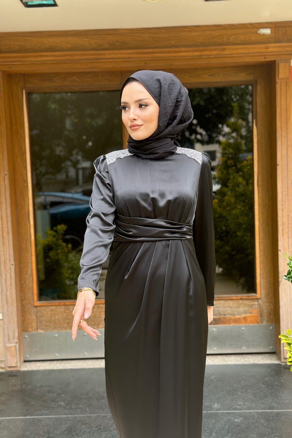 Roba Taşlı Saten Abiye Siyah 4749 